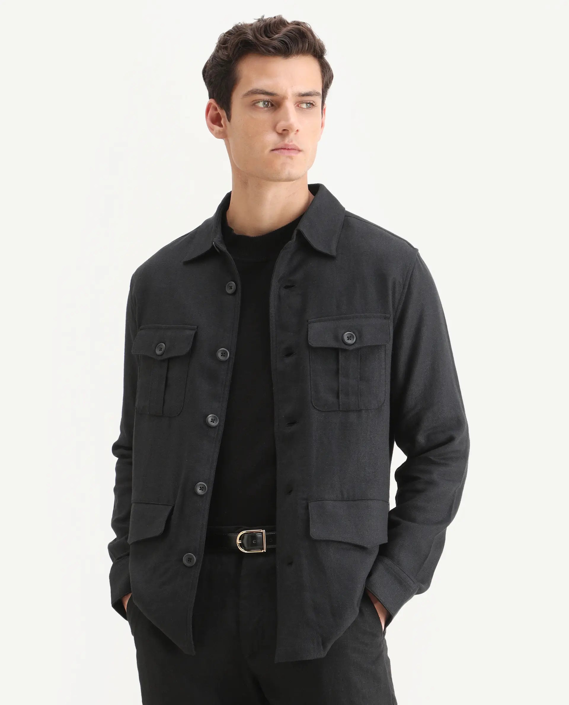 Rare Rabbit Men's Masoni-T Black Linen Blend Fabric Collared Neck Regular Fit Plain Jacket
