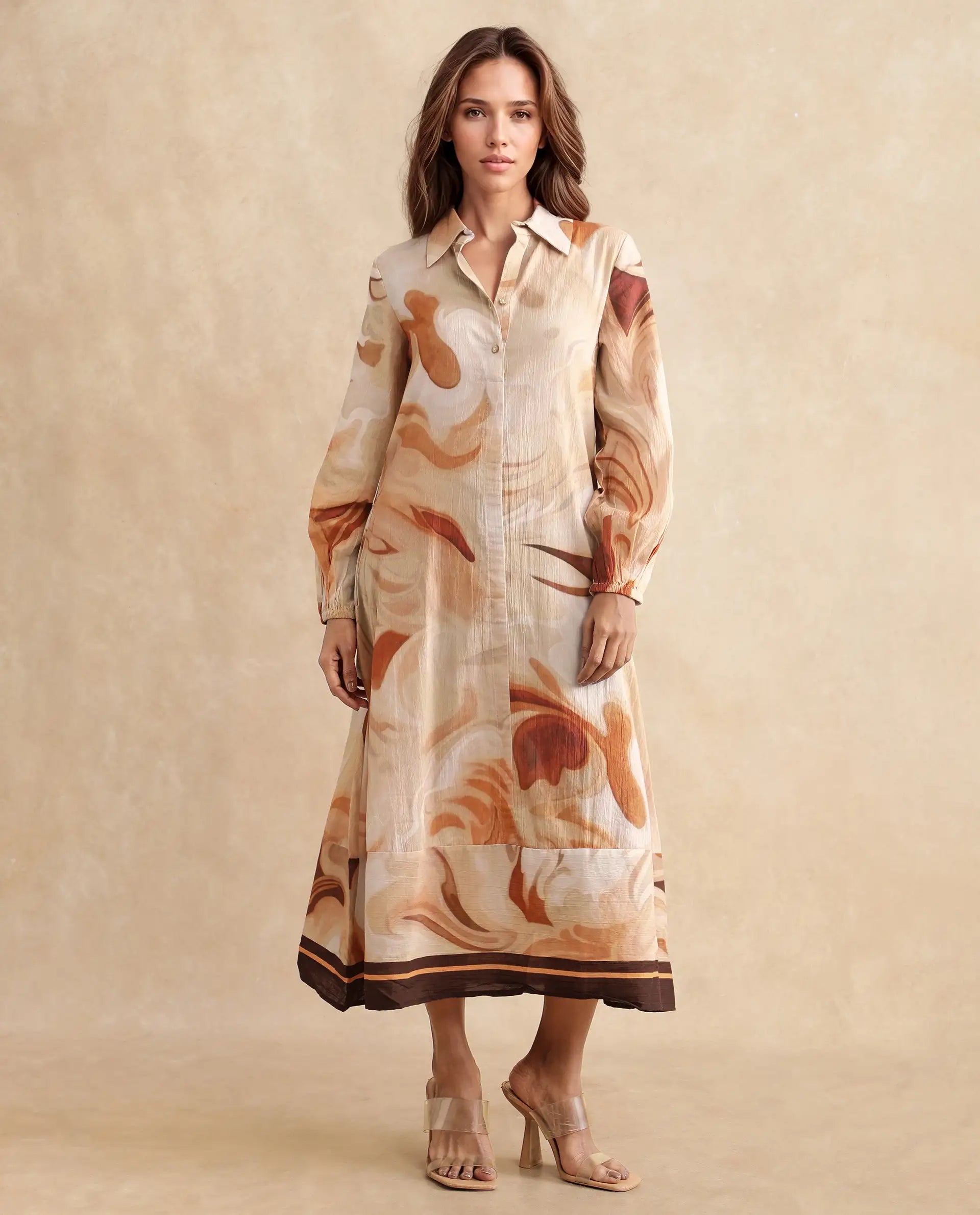 Rareism Women's Massa Light Multi Viscose Blend Drop Collar Abstract Print Bishop Sleeve Midi Relaxed Fit Dress