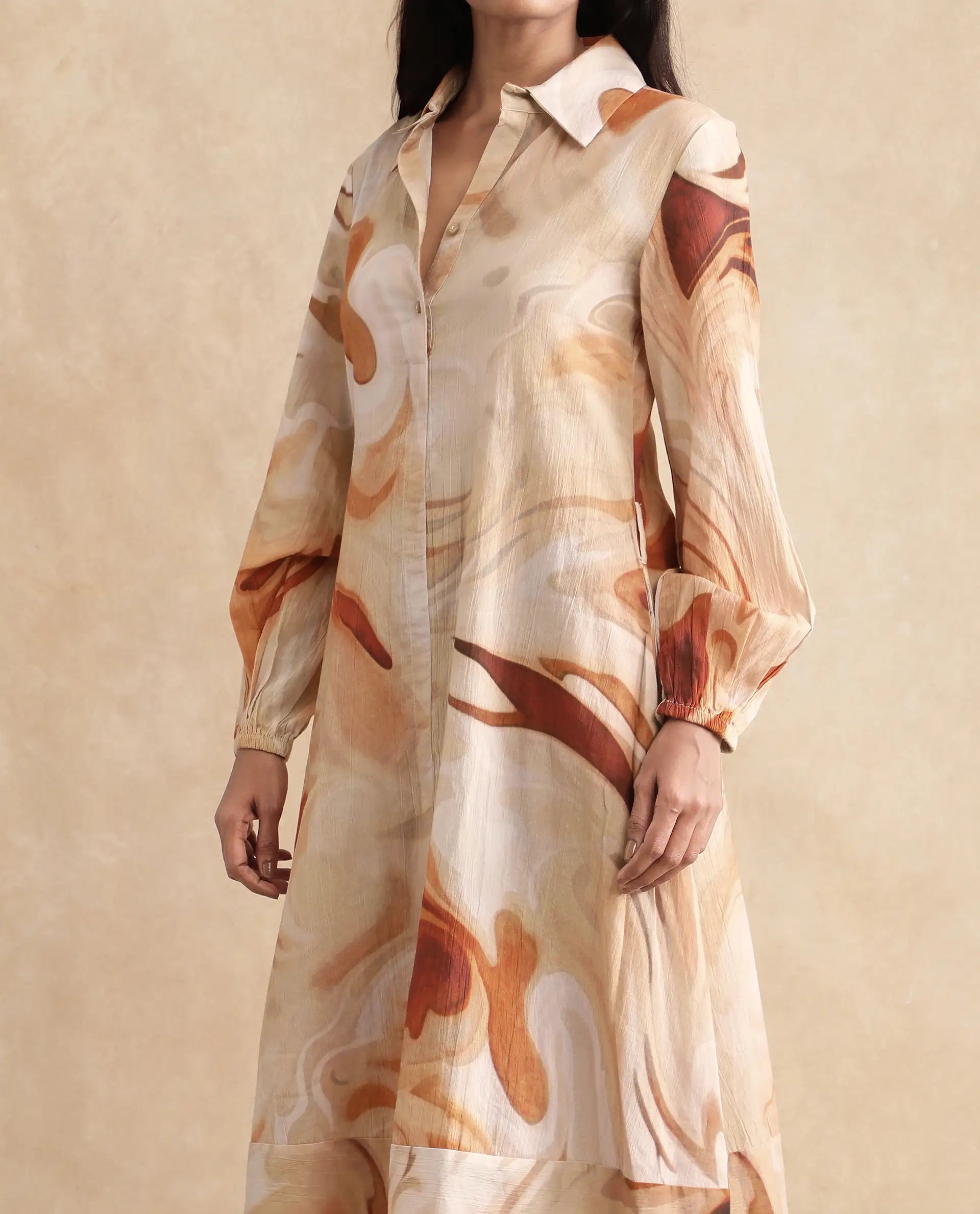 Rareism Women's Massa Light Multi Viscose Blend Drop Collar Abstract Print Bishop Sleeve Midi Relaxed Fit Dress