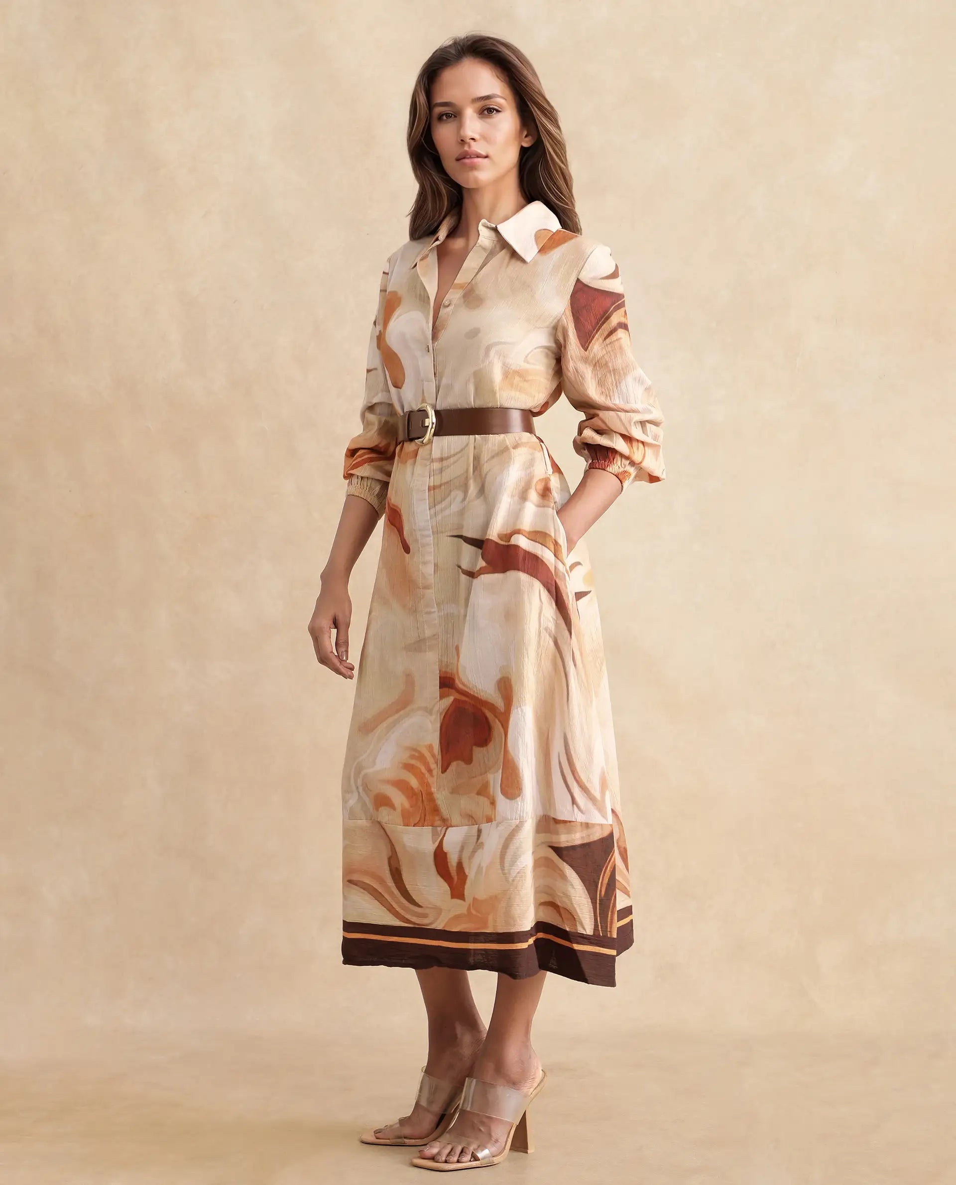 Rareism Women's Massa Light Multi Viscose Blend Drop Collar Abstract Print Bishop Sleeve Midi Relaxed Fit Dress