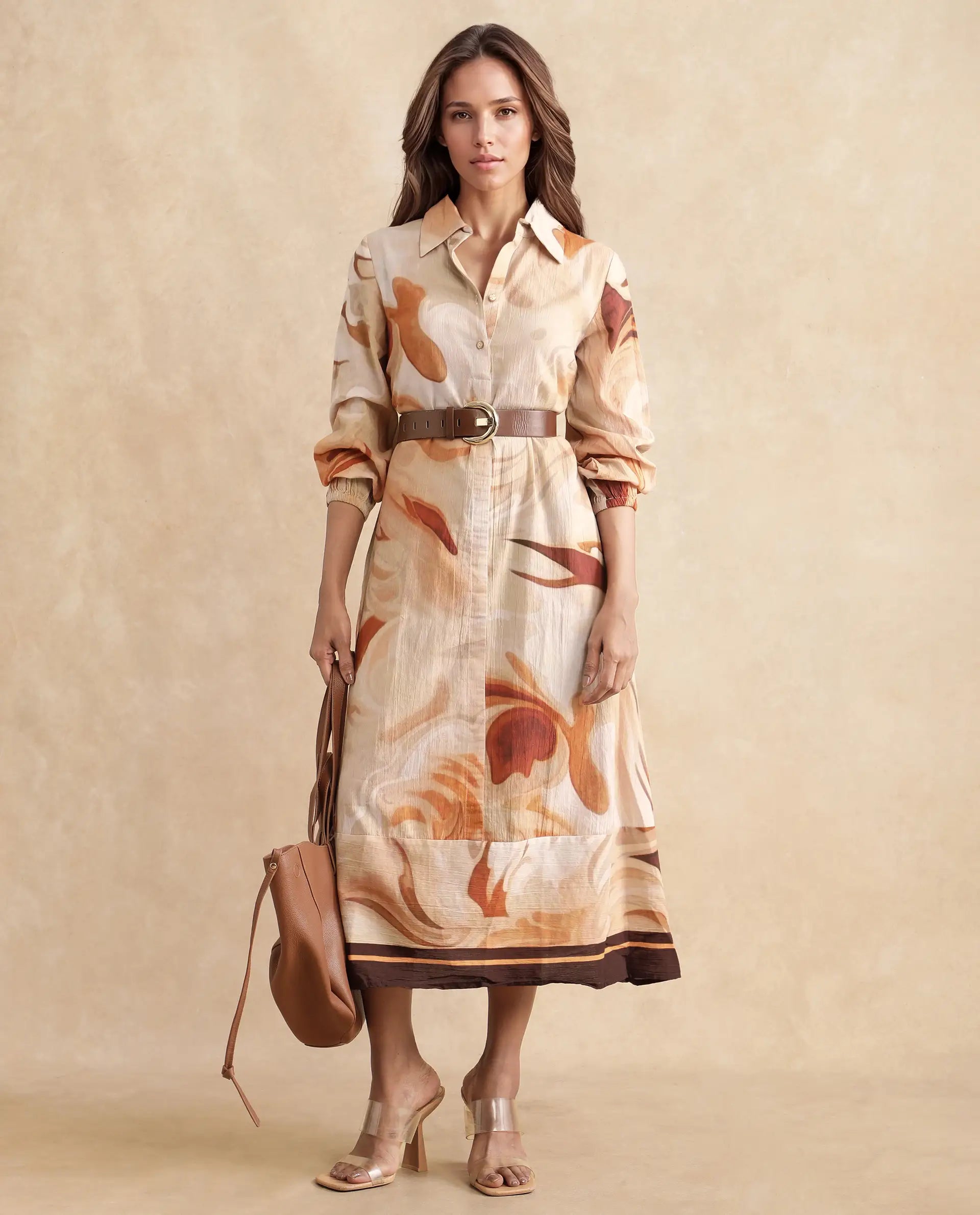 Rareism Women's Massa Light Multi Viscose Blend Drop Collar Abstract Print Bishop Sleeve Midi Relaxed Fit Dress