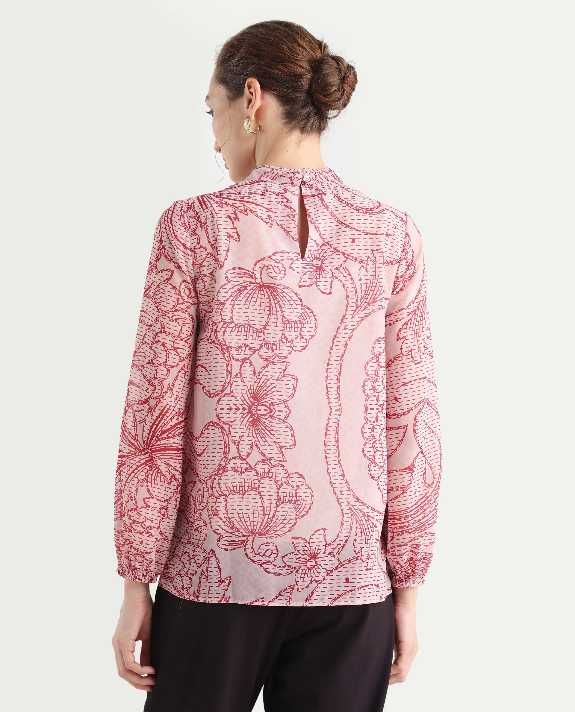 Rareism Women's Massy Multi Cotton Blend High Neck Abstract Print Bishop Sleeve Regular Fit Top