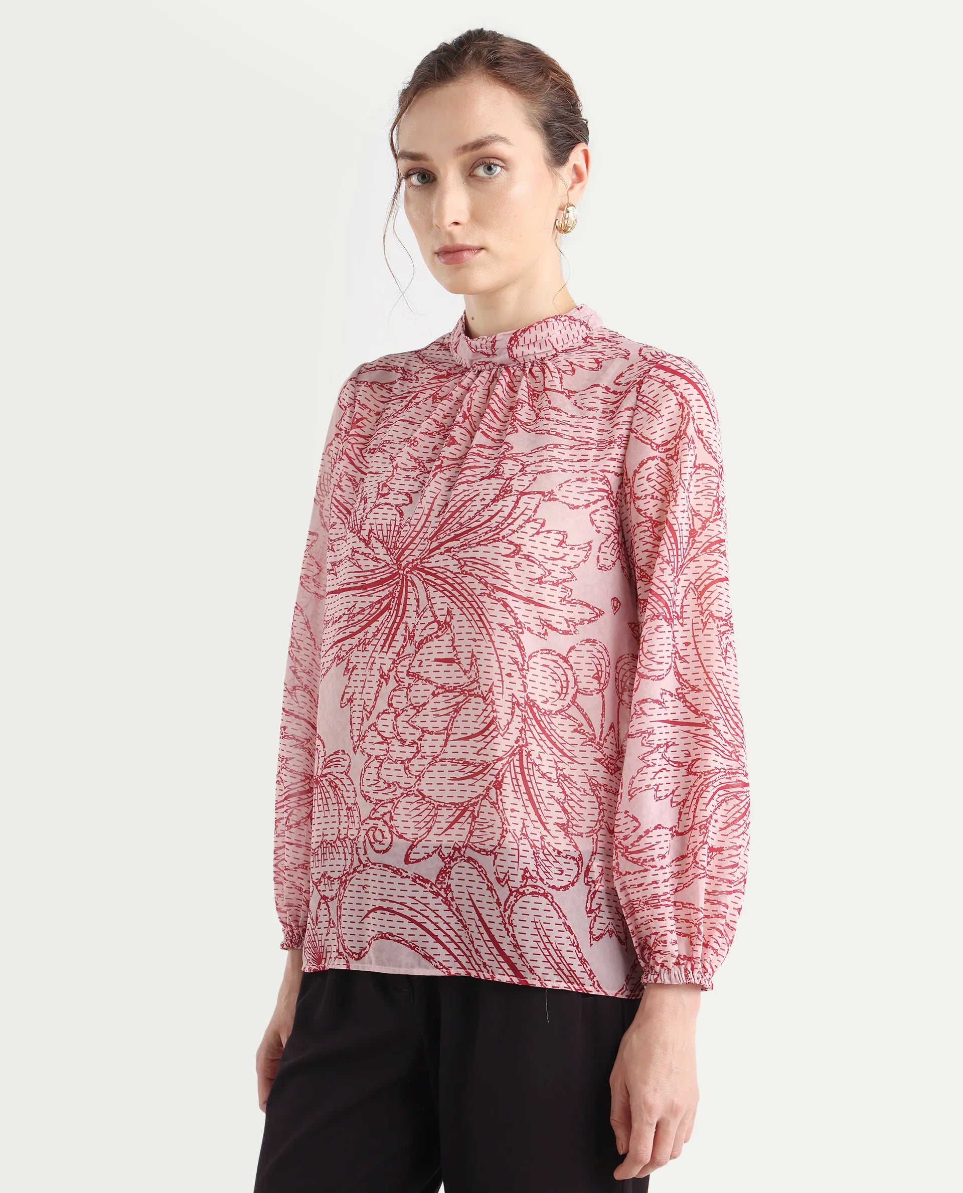 Rareism Women's Massy Multi Cotton Blend High Neck Abstract Print Bishop Sleeve Regular Fit Top