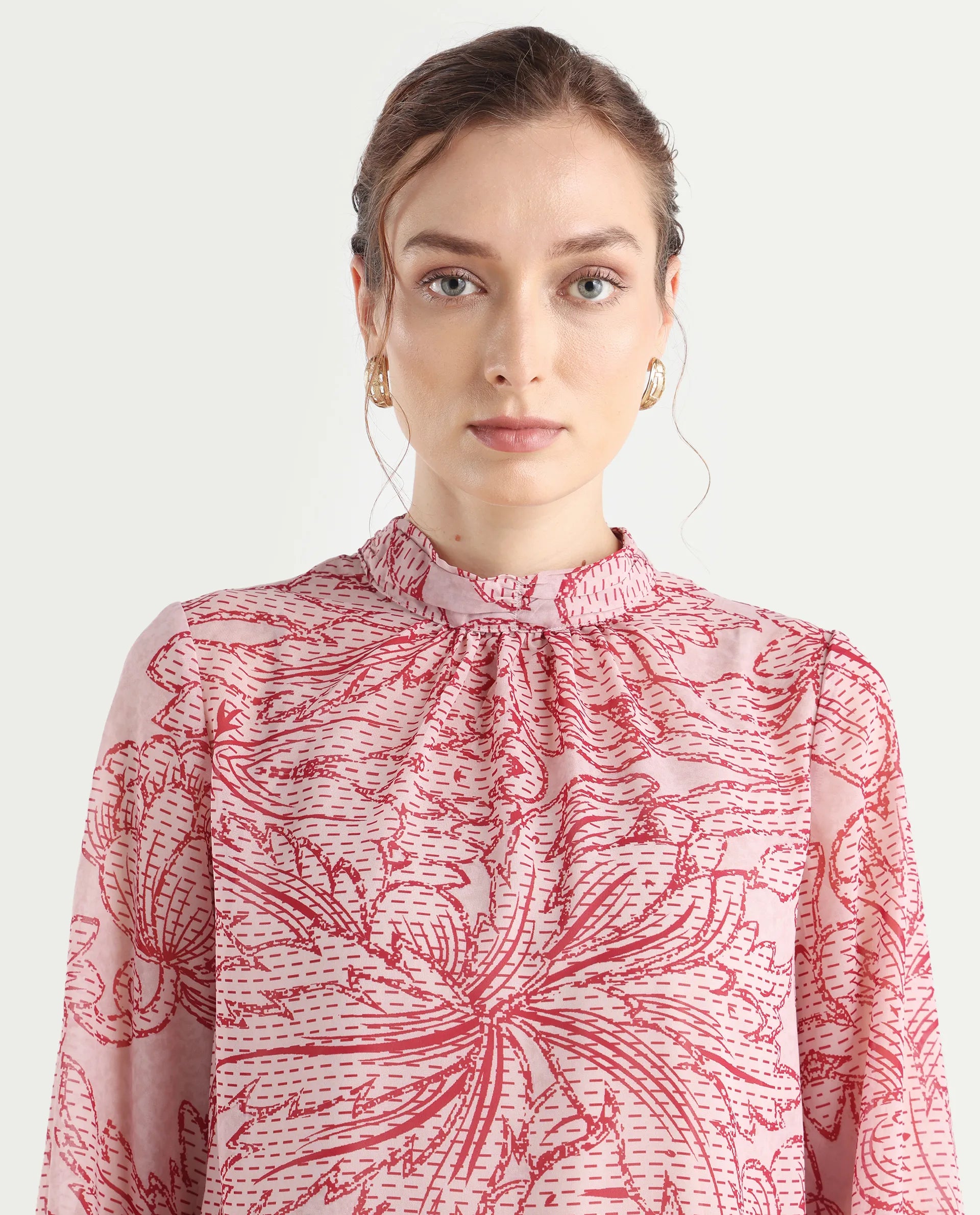 Rareism Women's Massy Multi Cotton Blend High Neck Abstract Print Bishop Sleeve Regular Fit Top