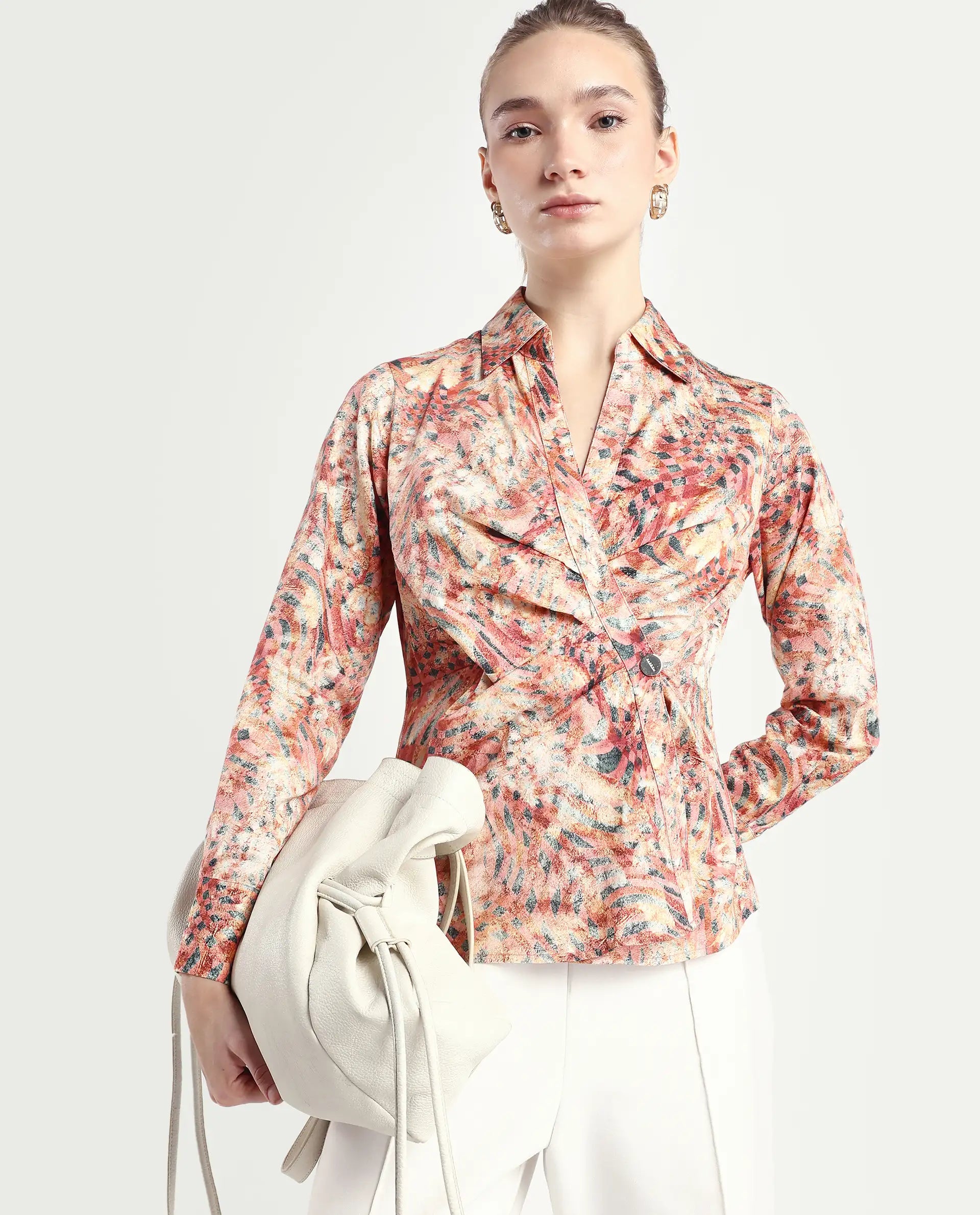 Rareism Women's Matay Multi Cotton Blend Johnny Collar Geometric Print Regular Fit Top