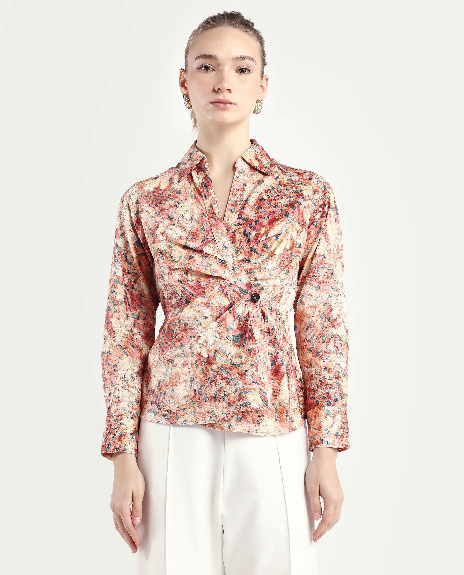 Rareism Women's Matay Multi Cotton Blend Johnny Collar Geometric Print Regular Fit Top