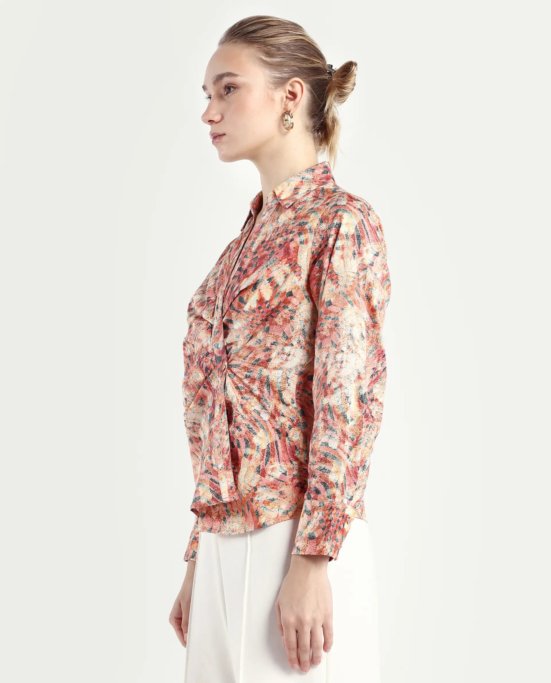 Rareism Women's Matay Multi Cotton Blend Johnny Collar Geometric Print Regular Fit Top