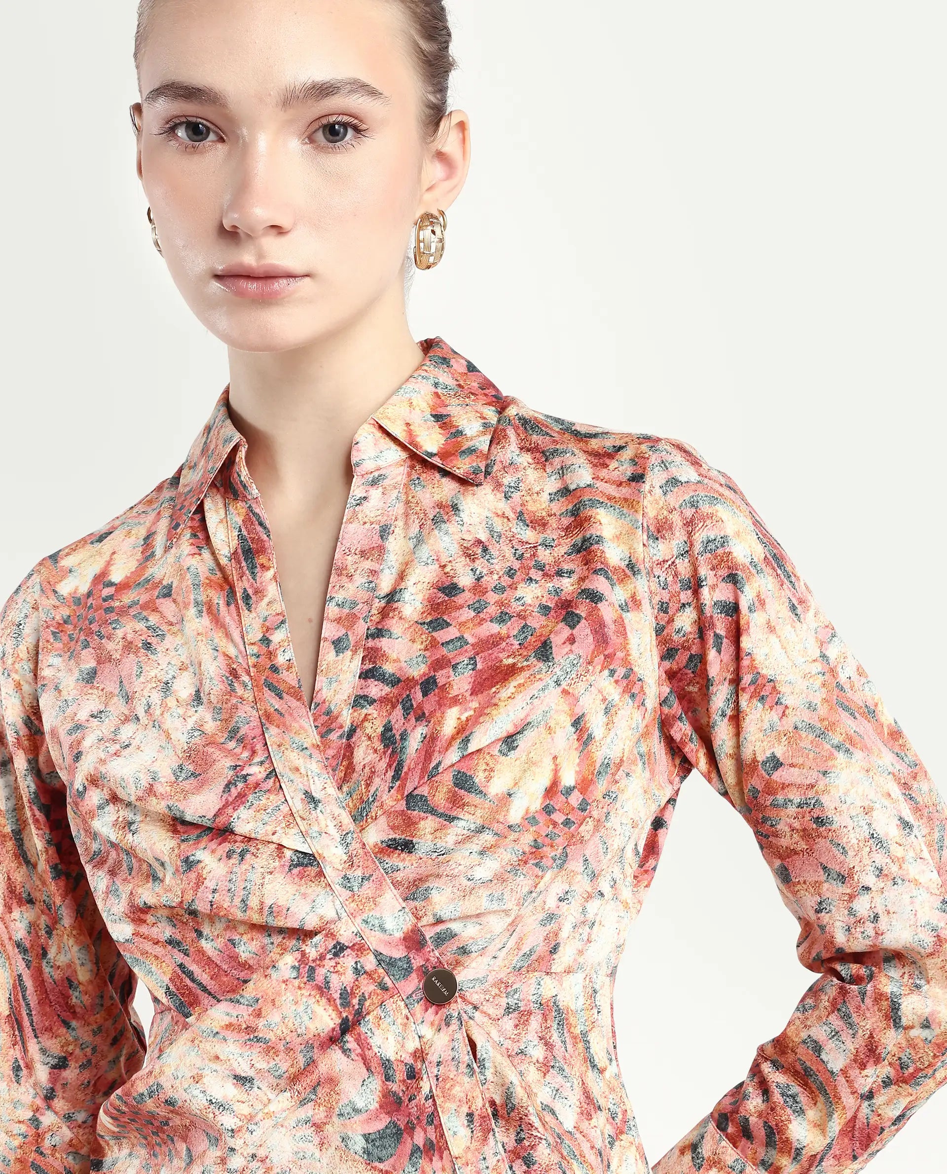 Rareism Women's Matay Multi Cotton Blend Johnny Collar Geometric Print Regular Fit Top