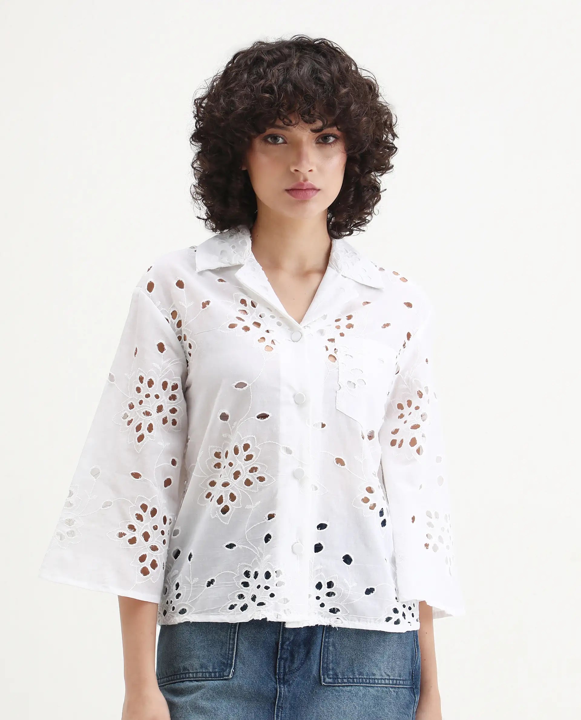 Rareism Women's Matcha White Schiffli Drop Collar Plain Regular Fit Top