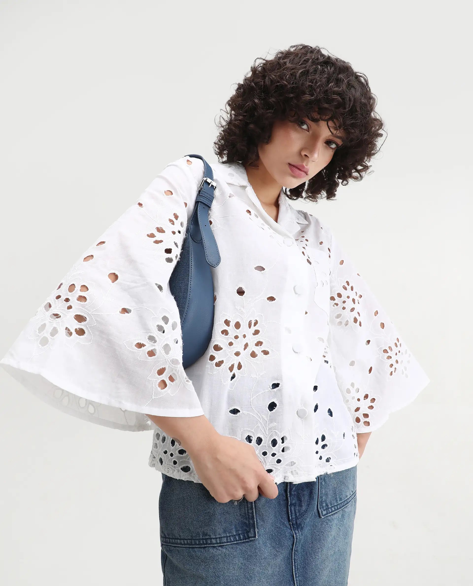 Rareism Women's Matcha White Schiffli Drop Collar Plain Regular Fit Top