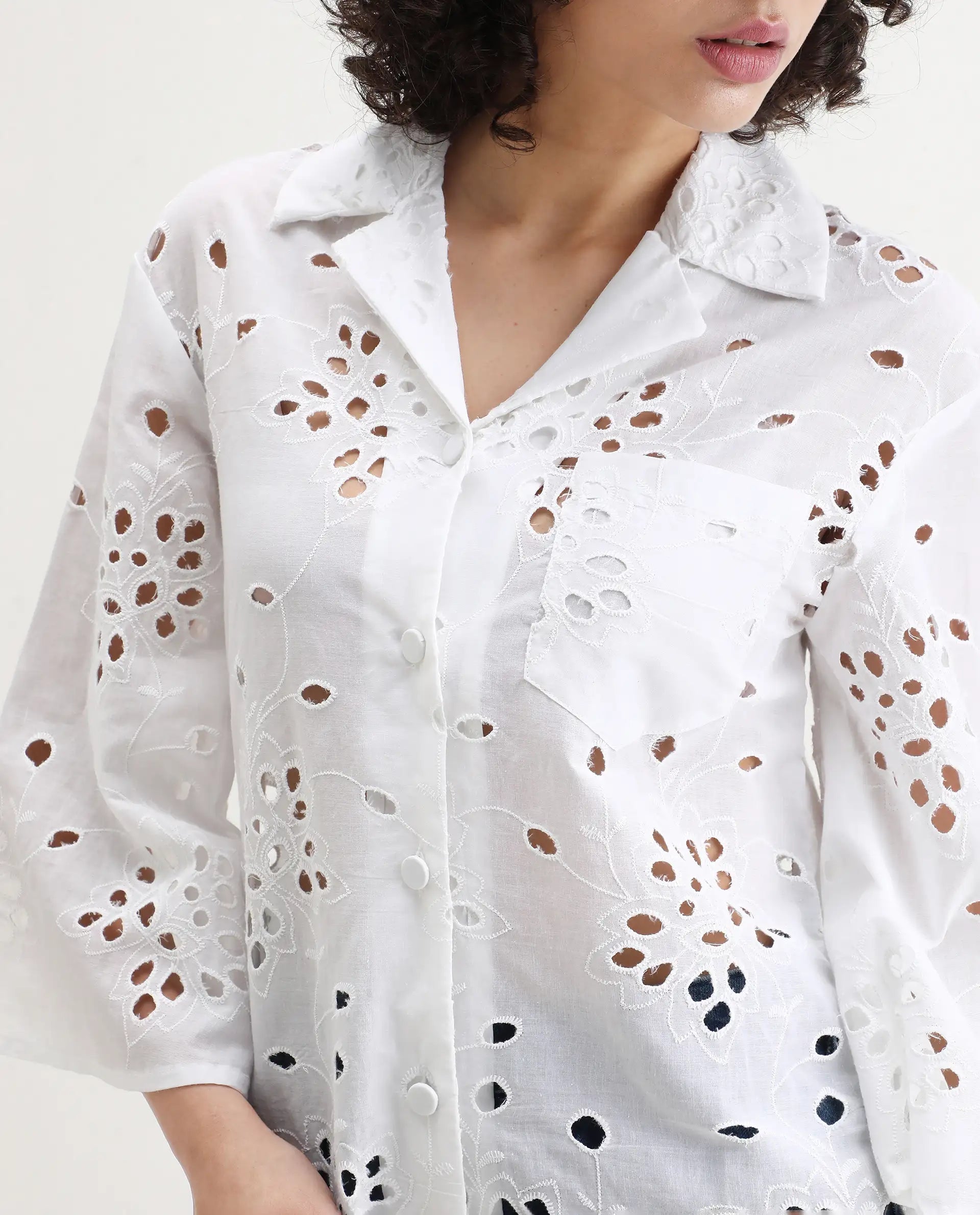 Rareism Women's Matcha White Schiffli Drop Collar Plain Regular Fit Top