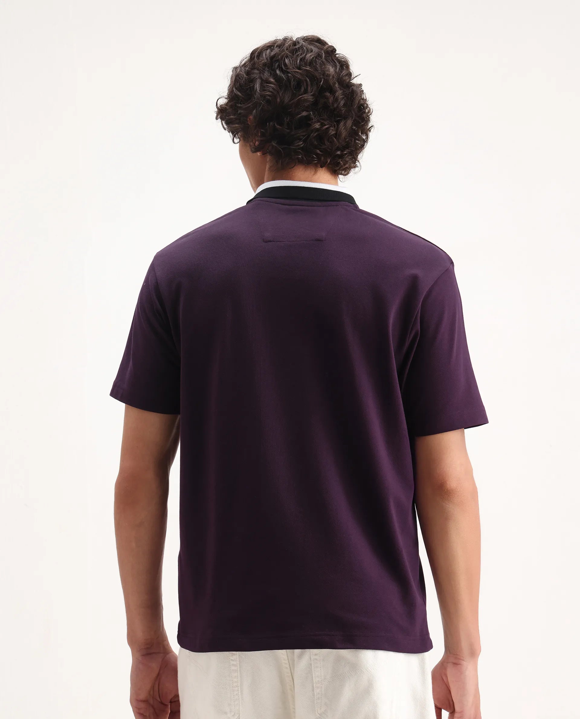 Rare Rabbit Men's Mateo Dark Purple Cotton Blend Embroidered Relaxed Fit Half Sleeve Polo