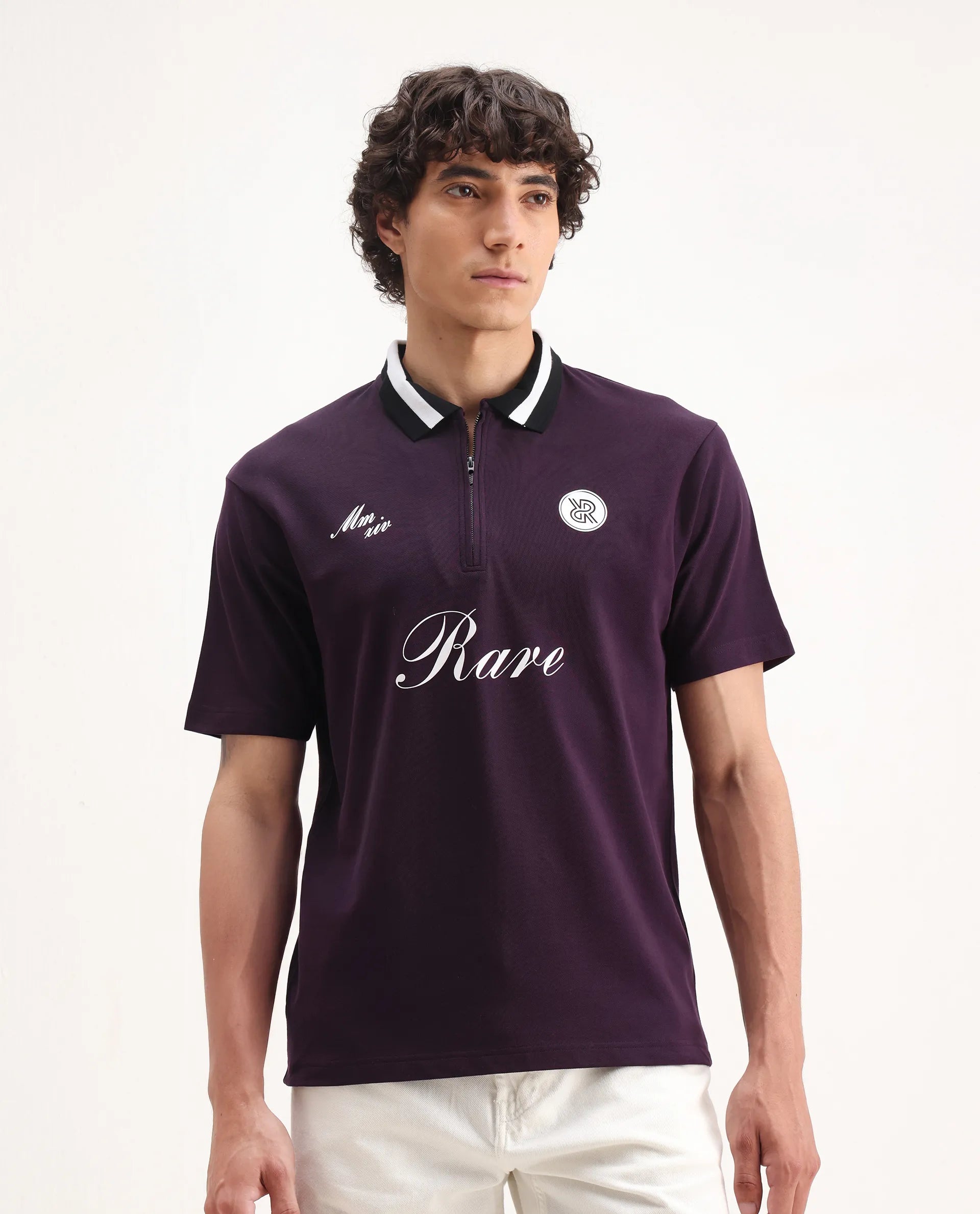 Rare Rabbit Men's Mateo Dark Purple Cotton Blend Embroidered Relaxed Fit Half Sleeve Polo