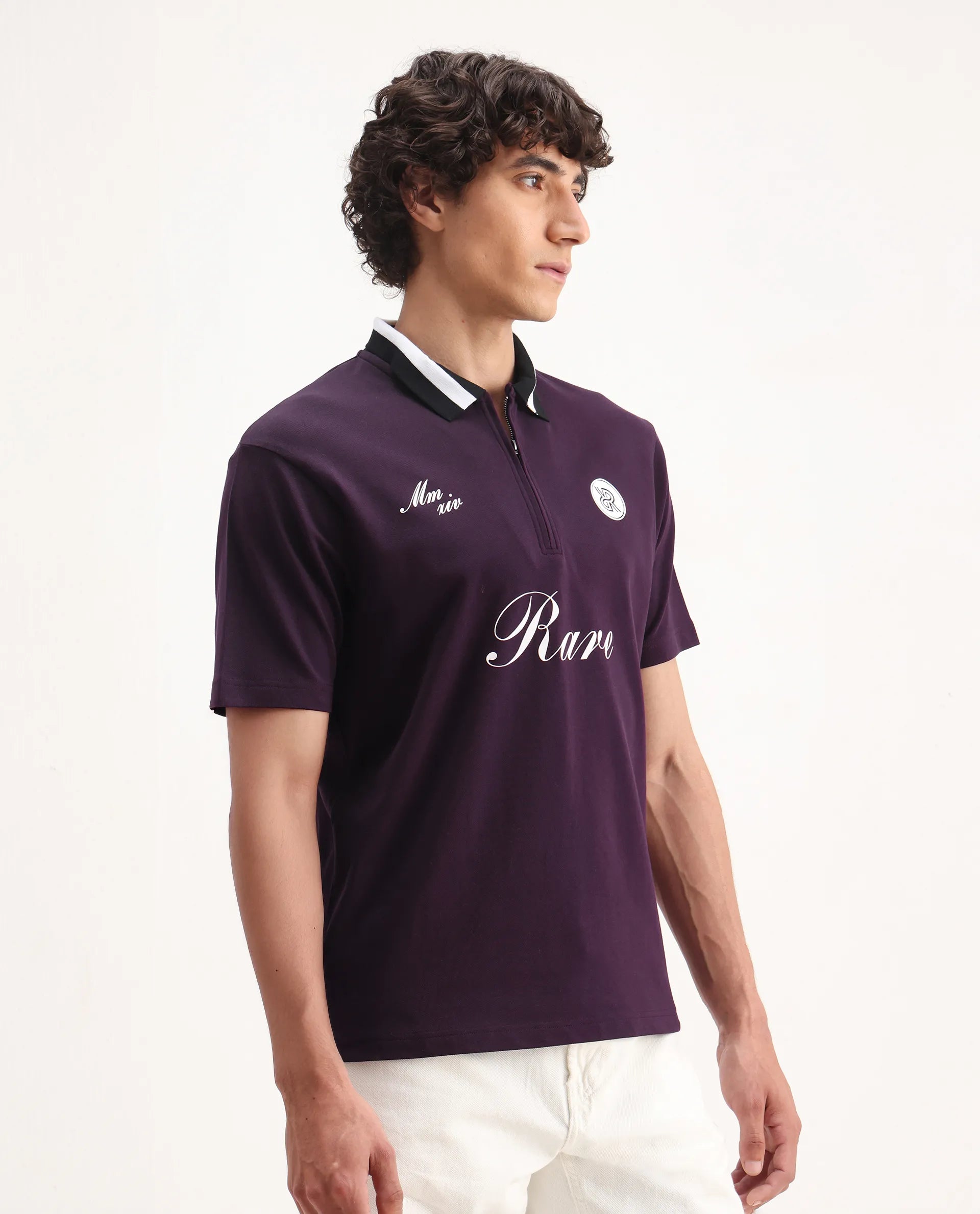 Rare Rabbit Men's Mateo Dark Purple Cotton Blend Embroidered Relaxed Fit Half Sleeve Polo