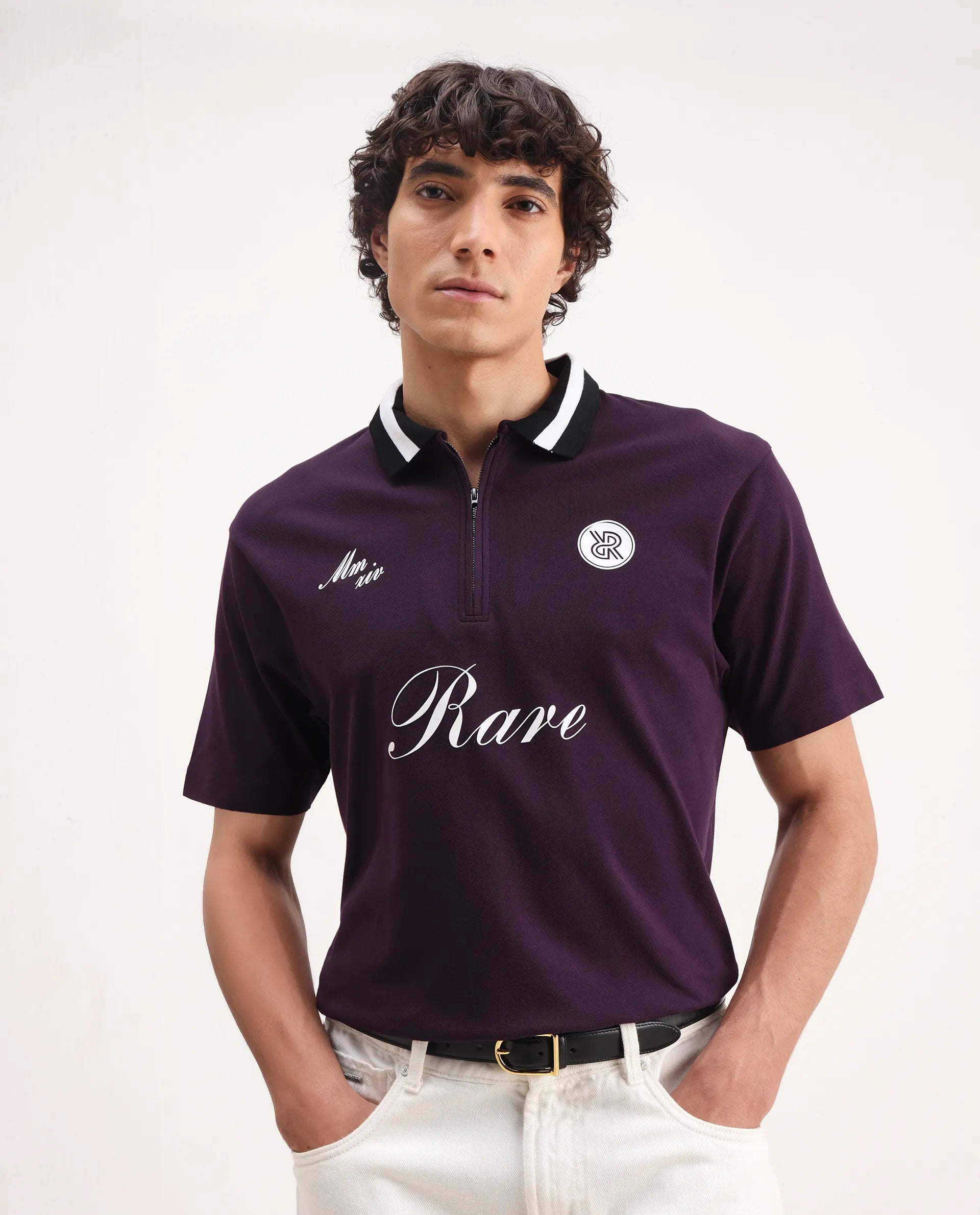 Rare Rabbit Men's Mateo Dark Purple Cotton Blend Embroidered Relaxed Fit Half Sleeve Polo