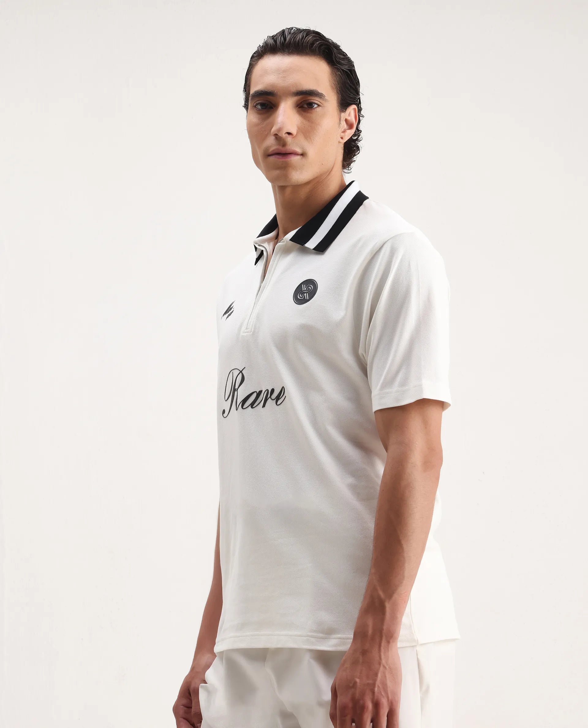 Rare Rabbit Men's Mateo White Cotton Blend Embroidered Regular Fit Half Sleeve Polo