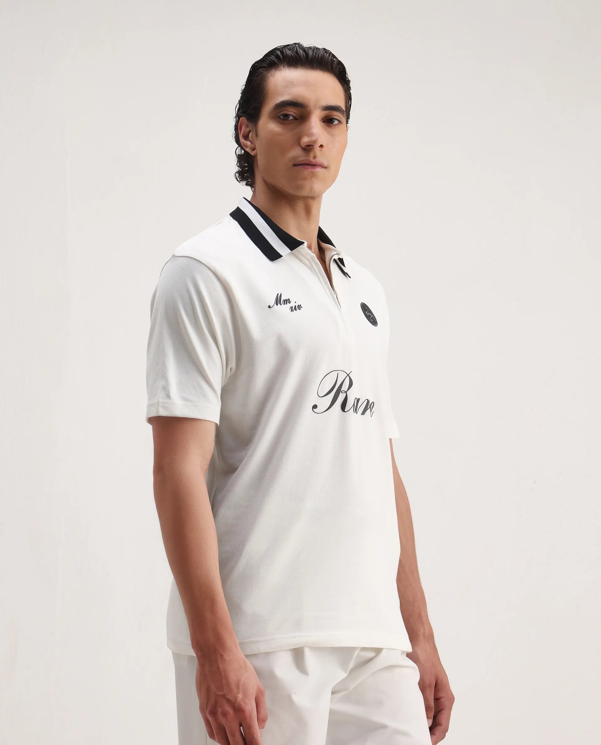 Rare Rabbit Men's Mateo White Cotton Blend Embroidered Regular Fit Half Sleeve Polo