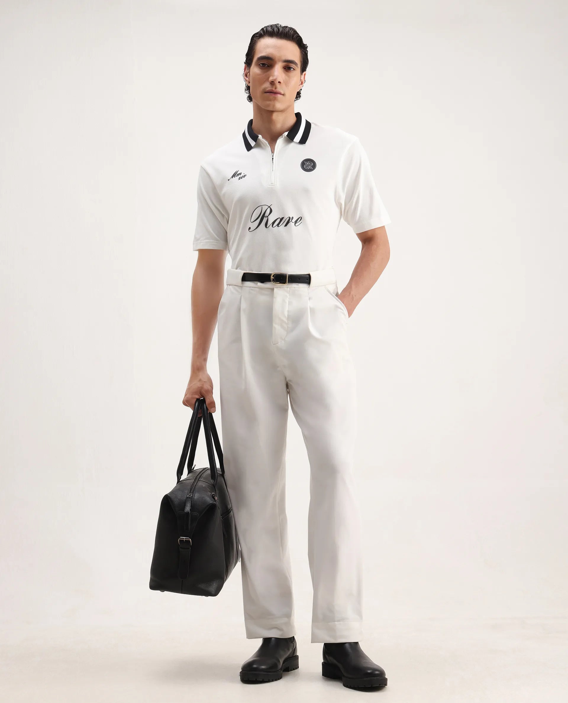 Rare Rabbit Men's Mateo White Cotton Blend Embroidered Regular Fit Half Sleeve Polo