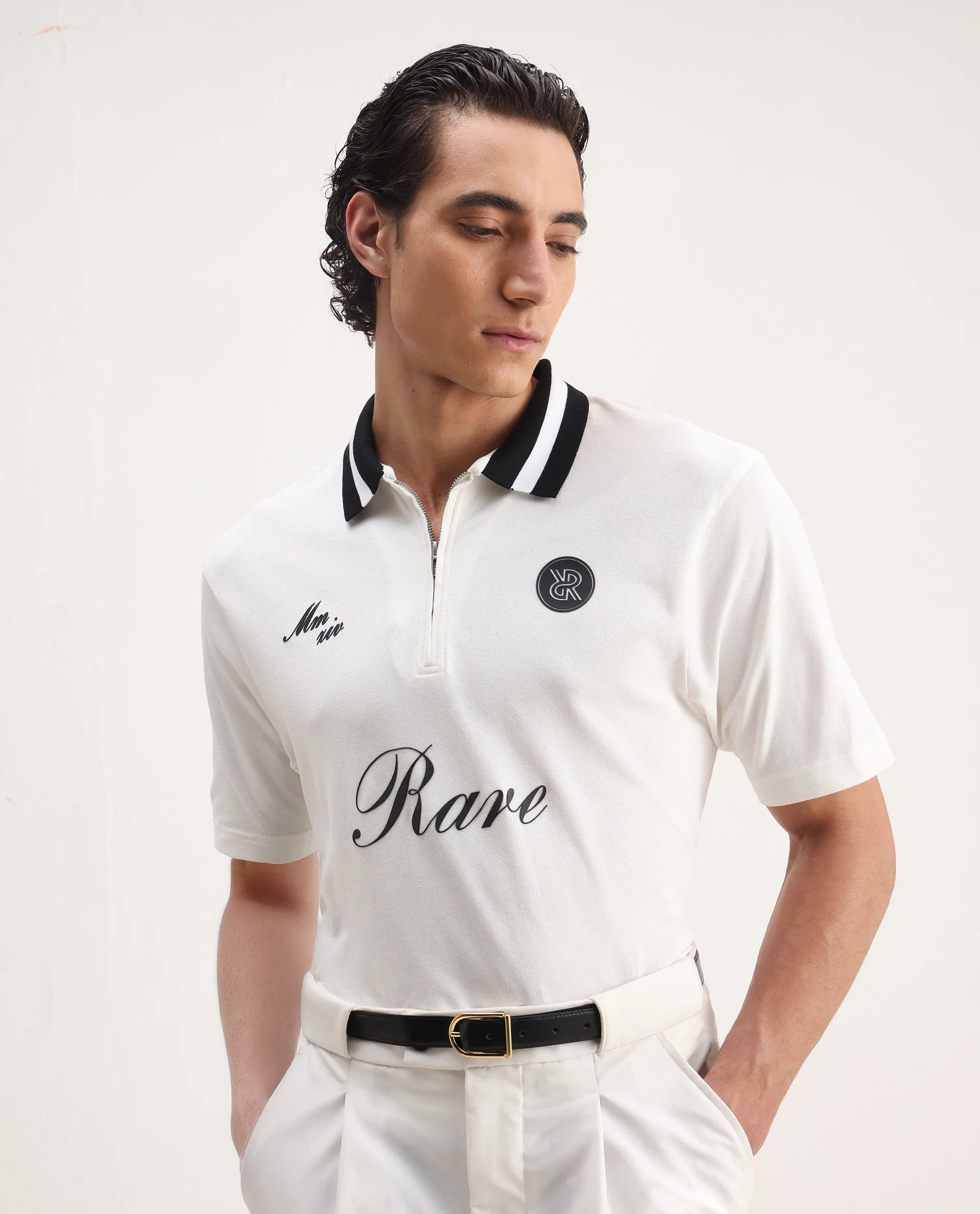 Rare Rabbit Men's Mateo White Cotton Blend Embroidered Regular Fit Half Sleeve Polo