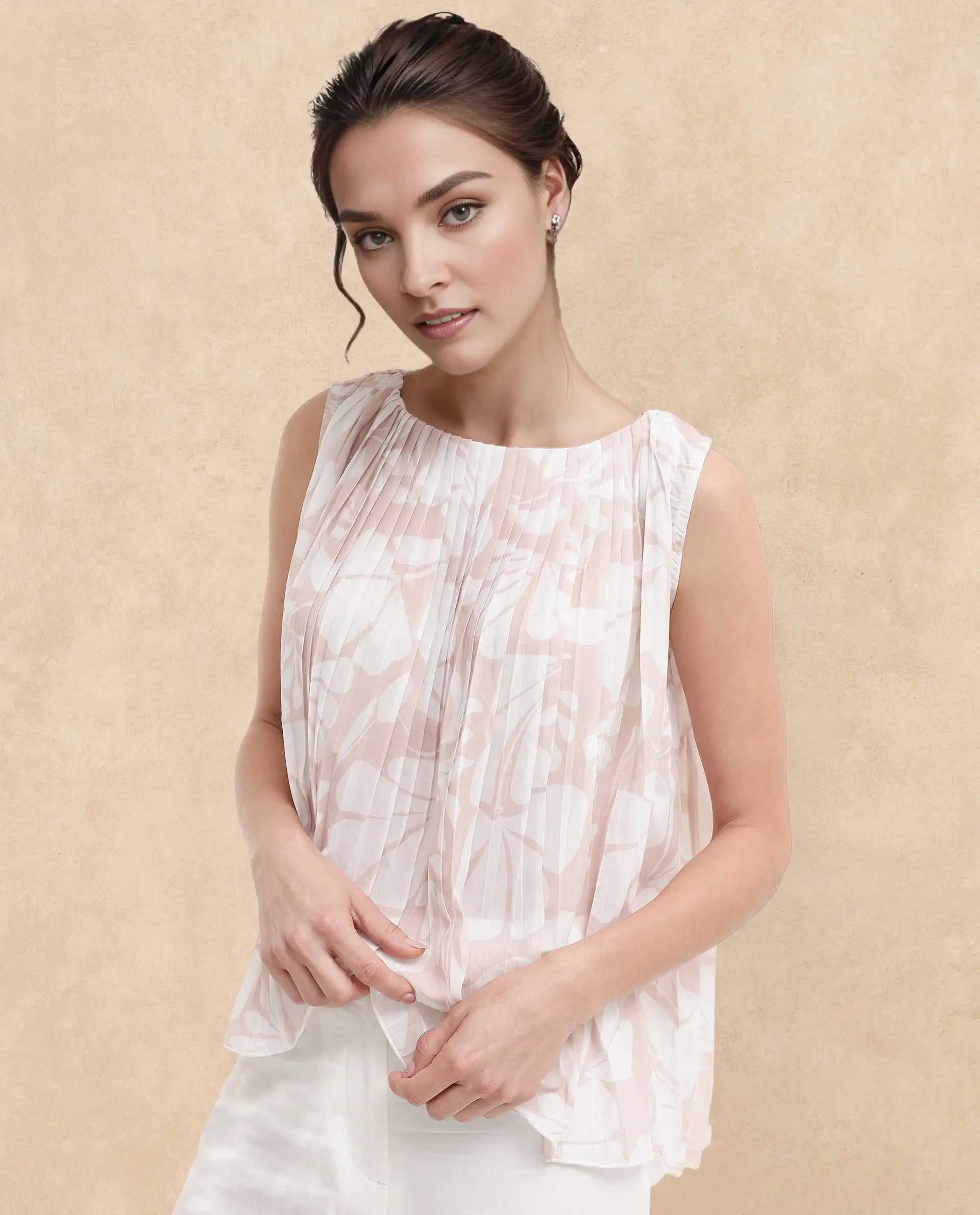 Rareism Women's Matera Light Beige Polyester Crew Neck Abstract Print Sleeveless Relaxed Fit Top