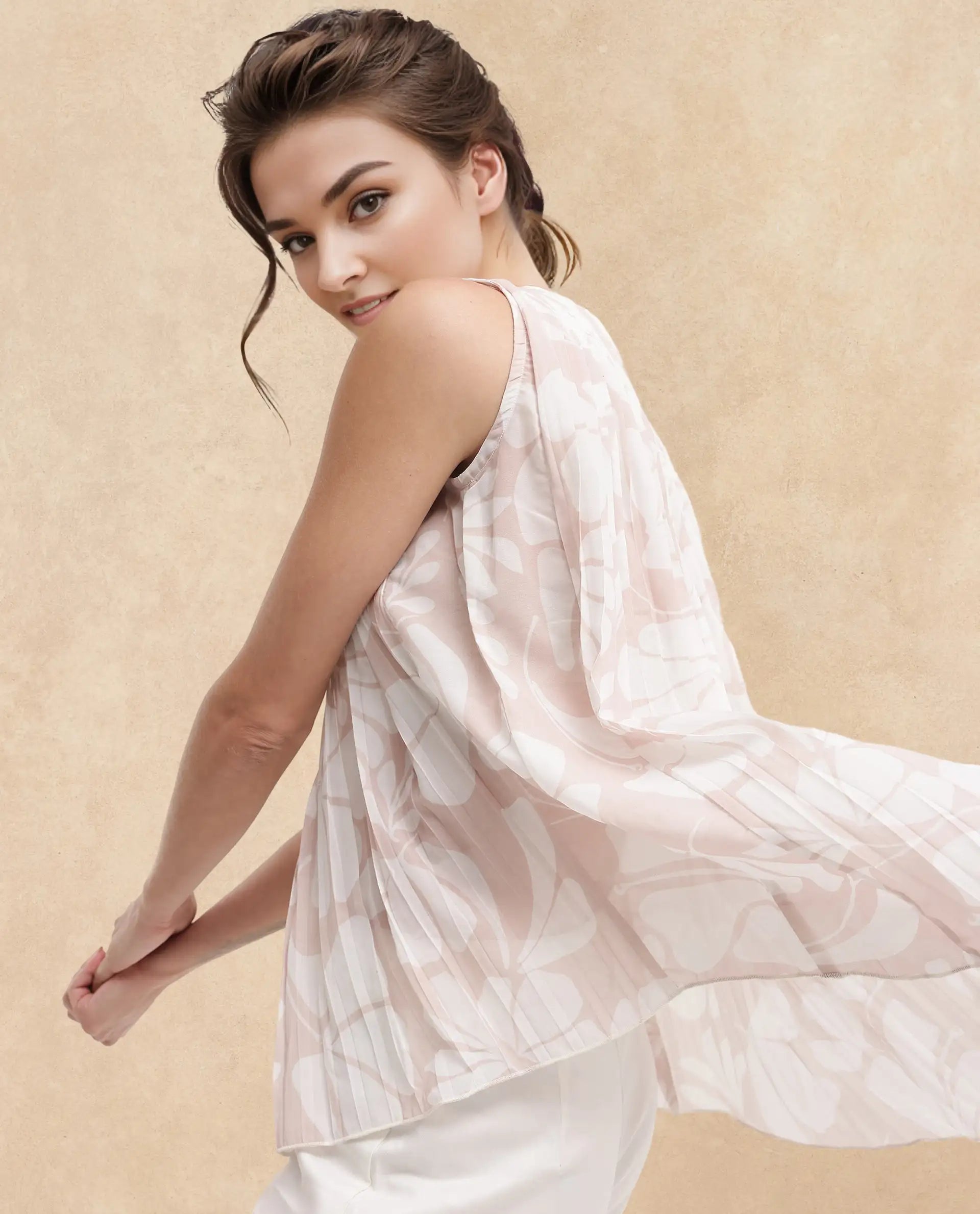 Rareism Women's Matera Light Beige Polyester Crew Neck Abstract Print Sleeveless Relaxed Fit Top