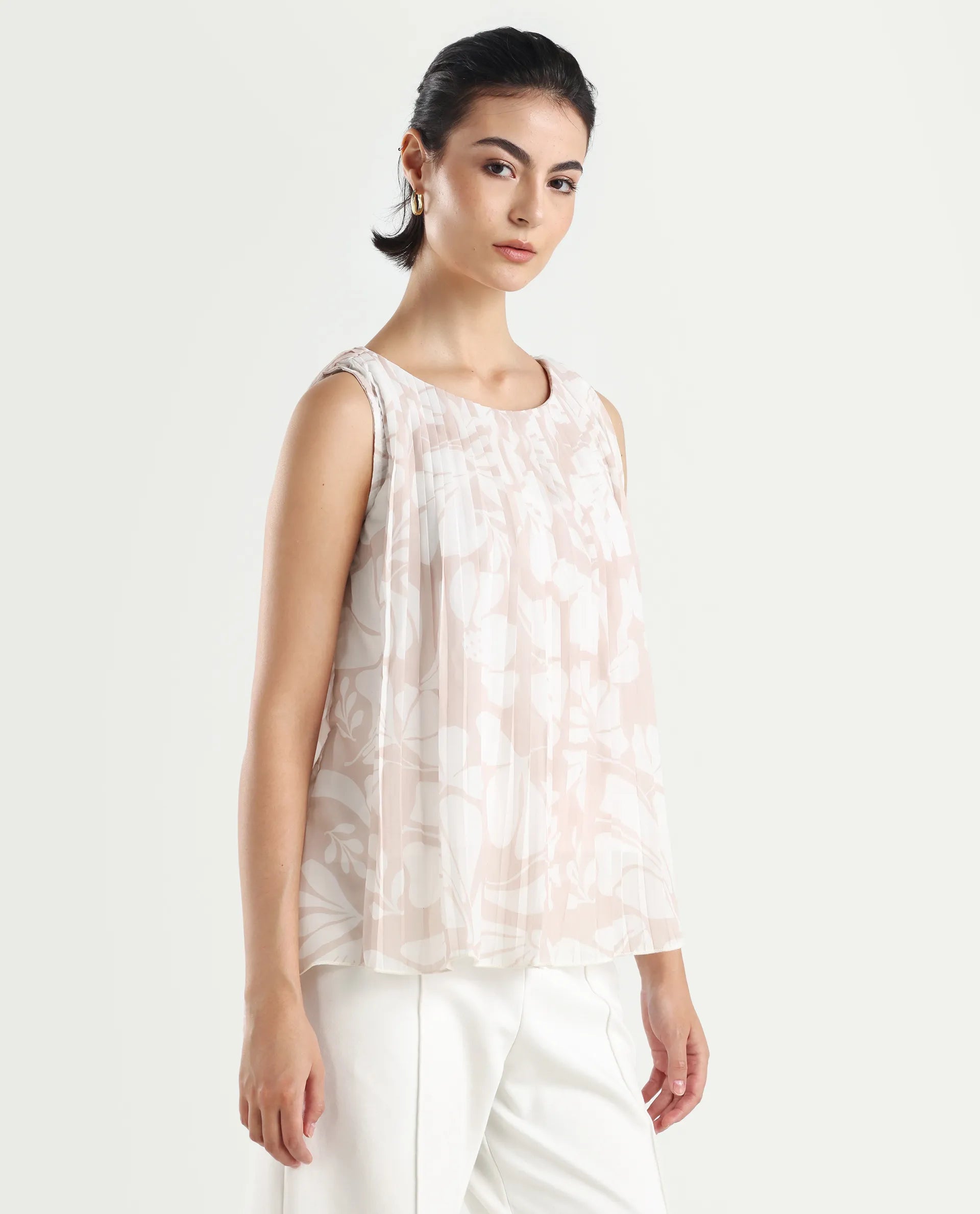 Rareism Women's Matera Sc Light Beige Polyester Crew Neck Abstract Print Sleeveless Relaxed Fit Top
