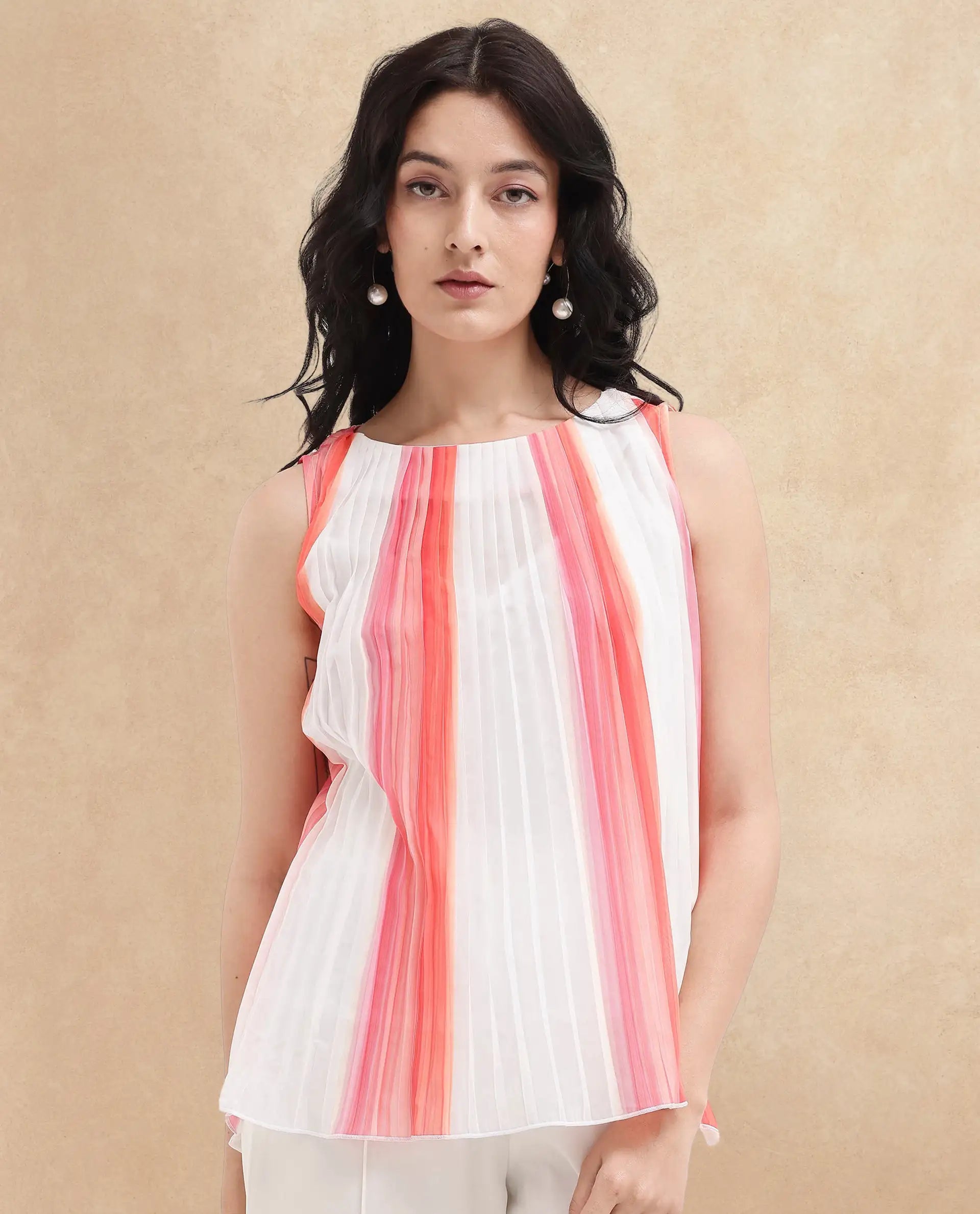 Rareism Women Materio Multi Sleeveless Boat Neck Relaxed Fit Broad Stripes Top