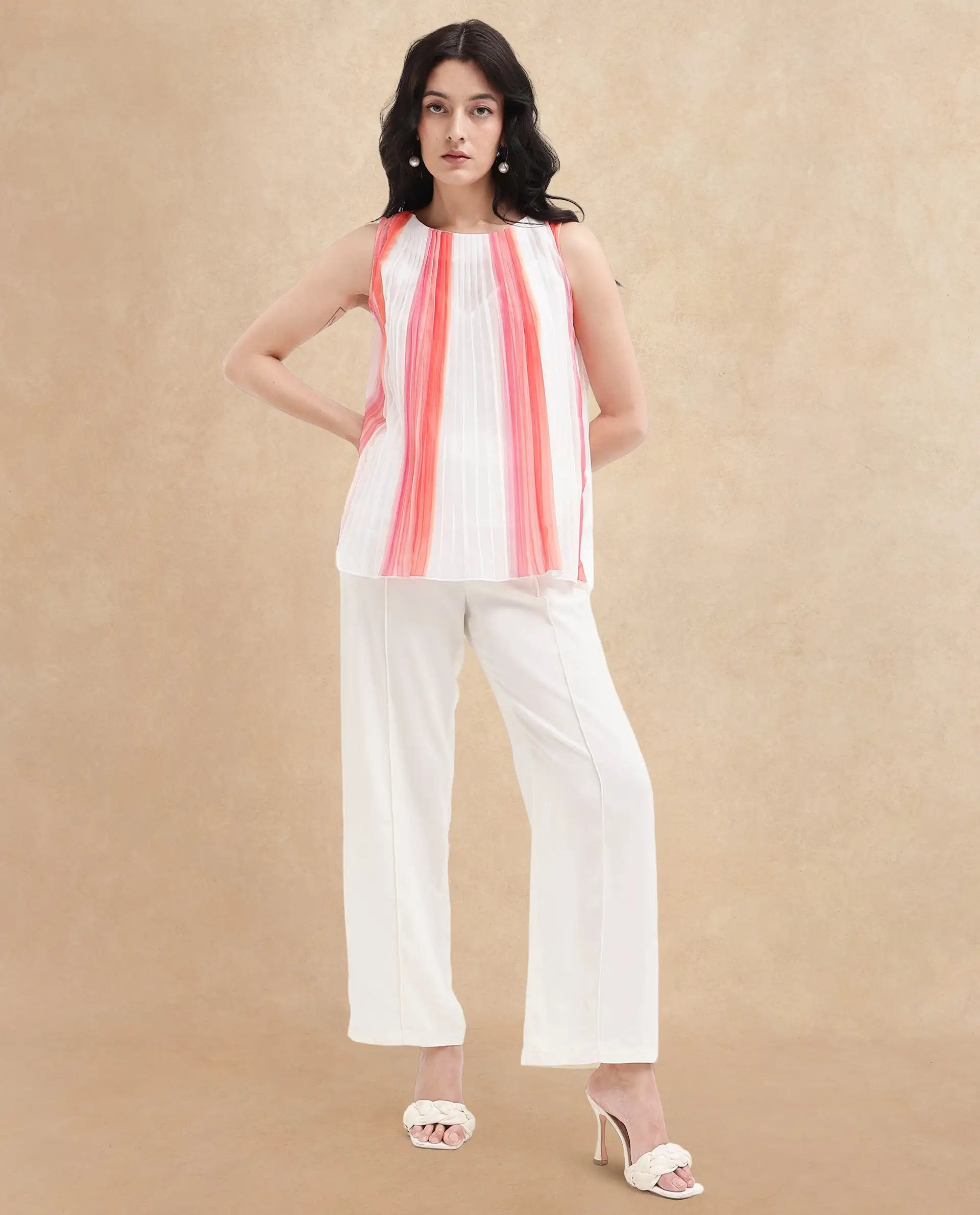 Rareism Women Materio Multi Sleeveless Boat Neck Relaxed Fit Broad Stripes Top