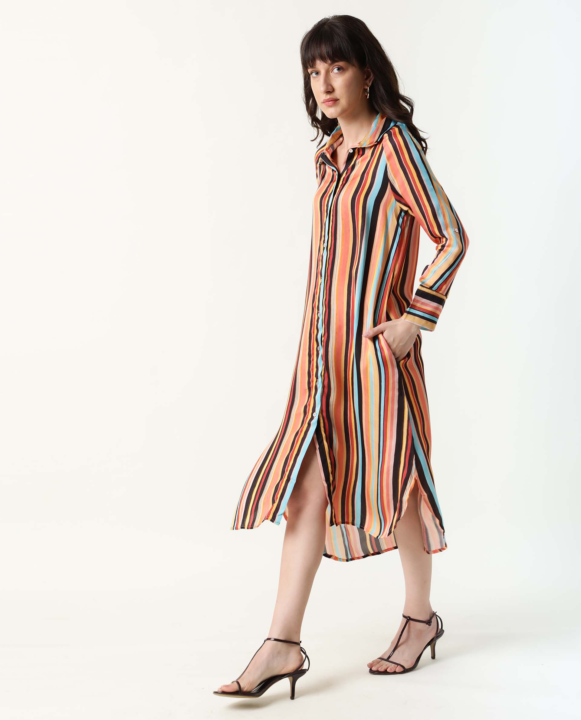 Rareism Women Mathers Brown Striped Shirt Collar Full Sleeves Cuff Full Front Button Placket Pockets Side Slit Midi Dress