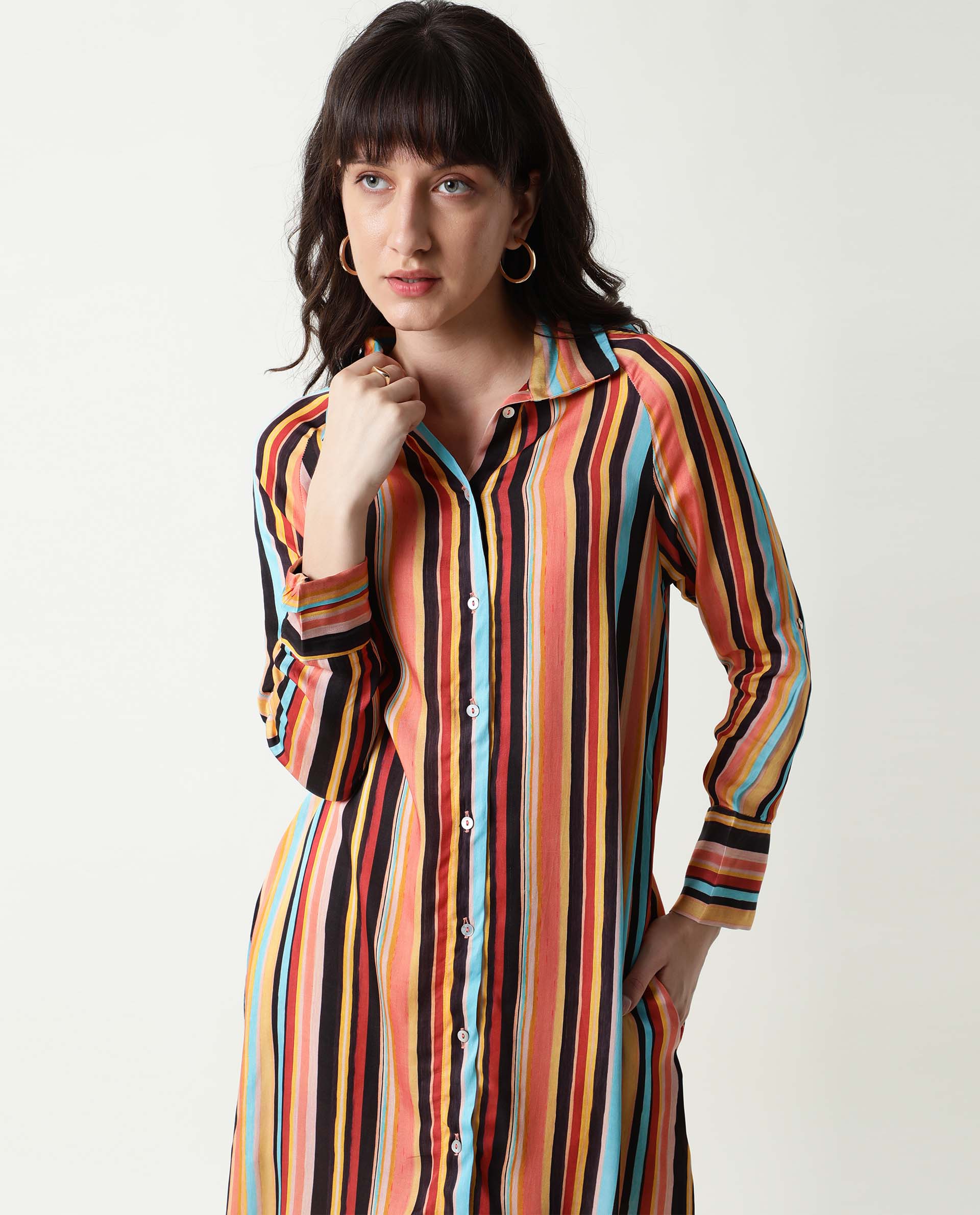 Rareism Women Mathers Brown Striped Shirt Collar Full Sleeves Cuff Full Front Button Placket Pockets Side Slit Midi Dress
