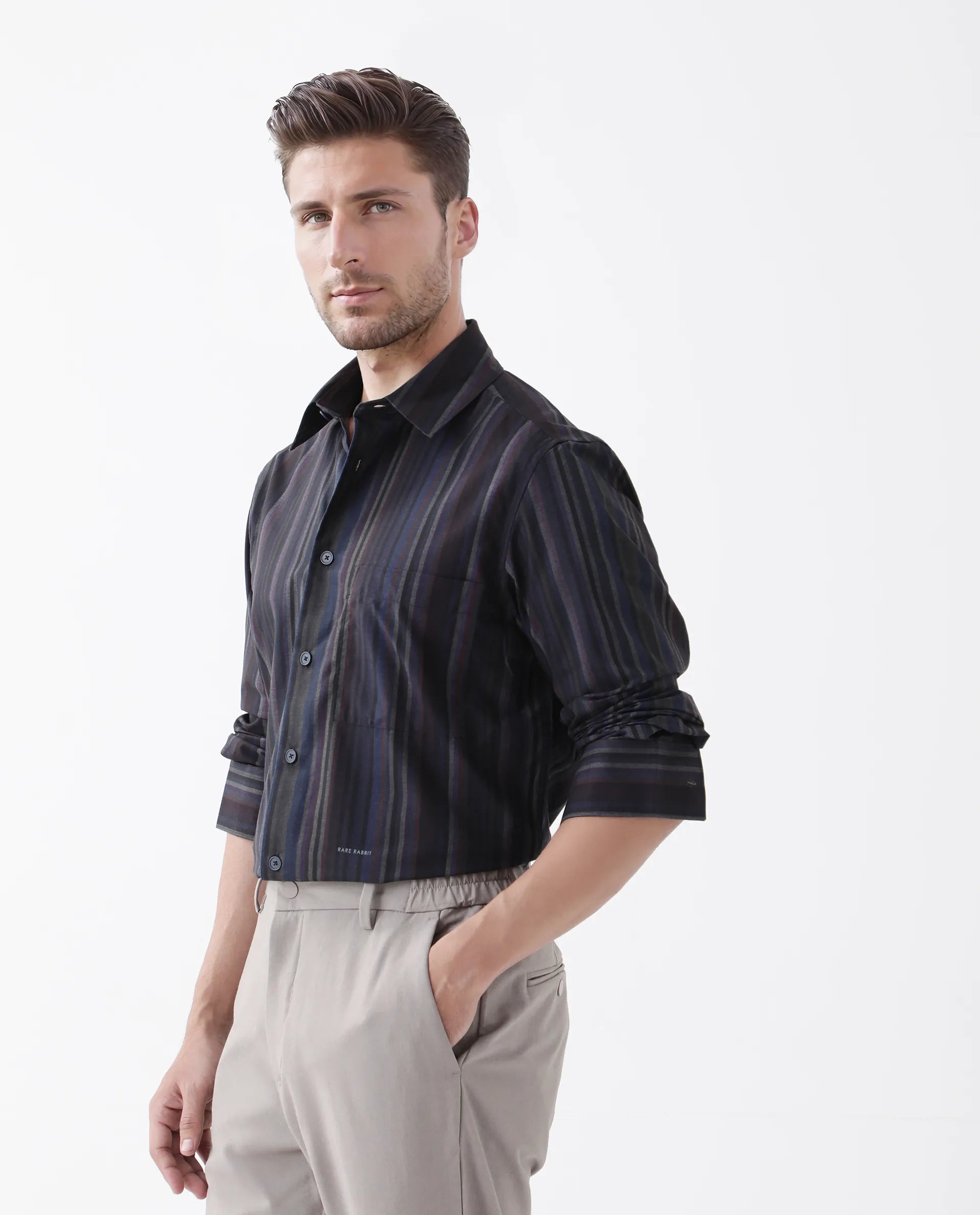 Rare Rabbit Men's Matis Black Viscose Striped Print Relaxed Fit Full Sleeve Collared Shirt