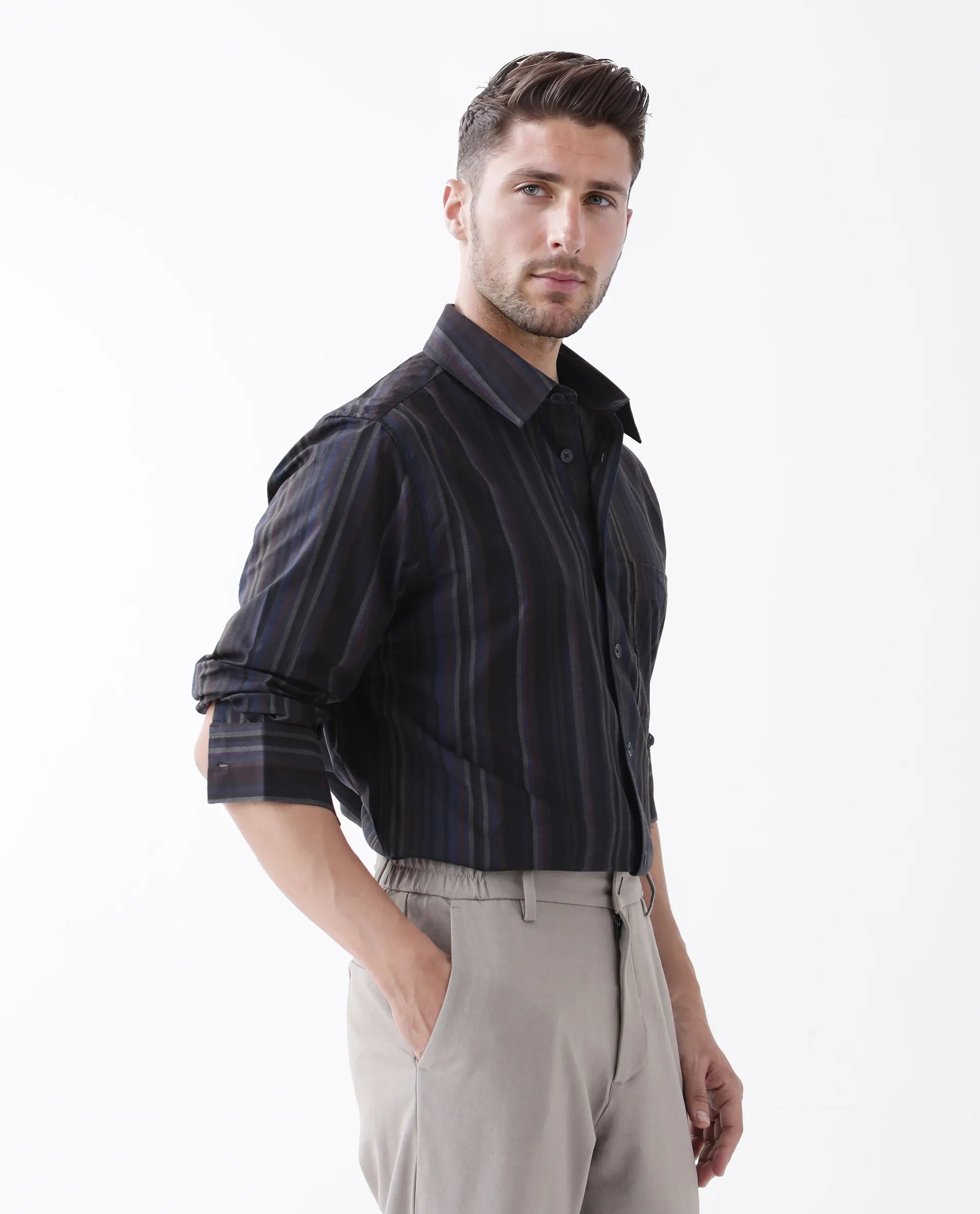 Rare Rabbit Men's Matis Black Viscose Striped Print Relaxed Fit Full Sleeve Collared Shirt