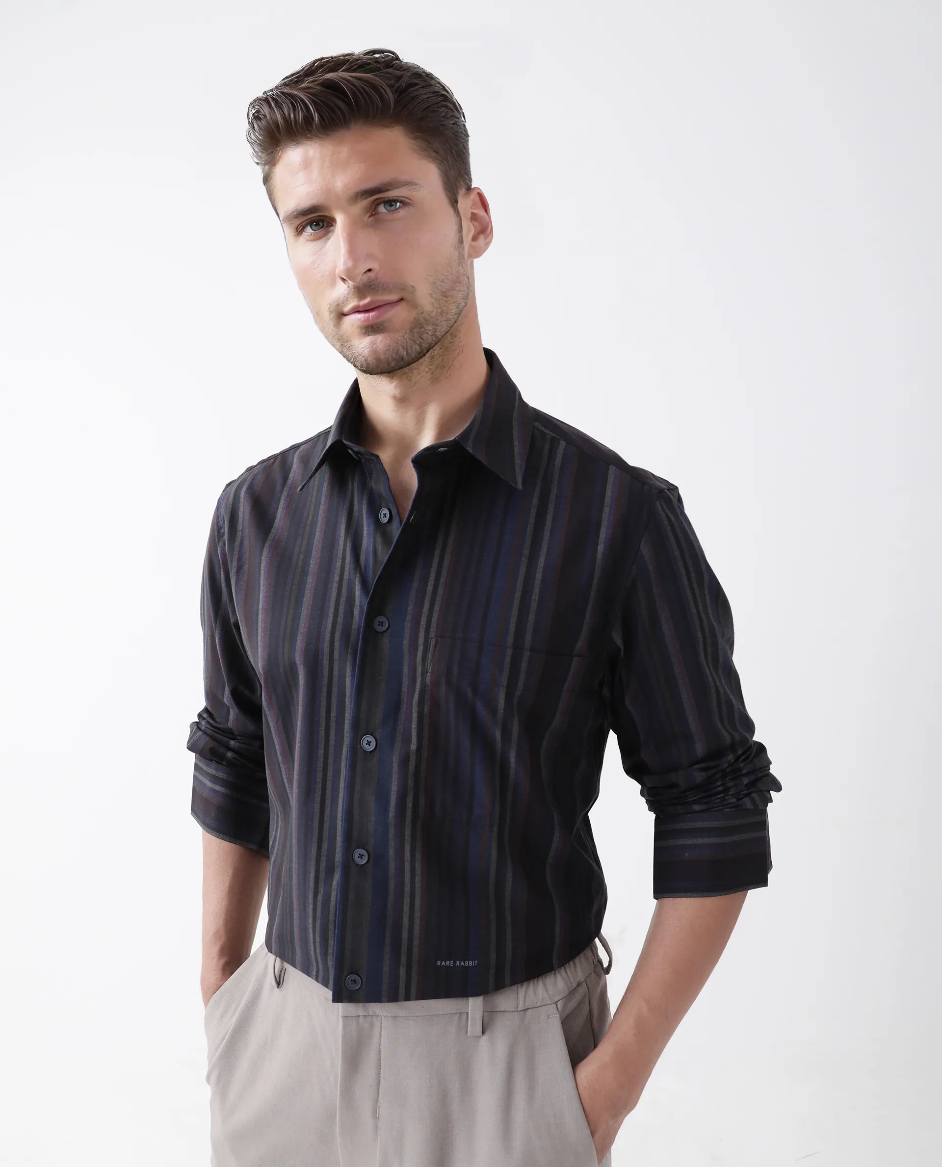 Rare Rabbit Men's Matis Black Viscose Striped Print Relaxed Fit Full Sleeve Collared Shirt