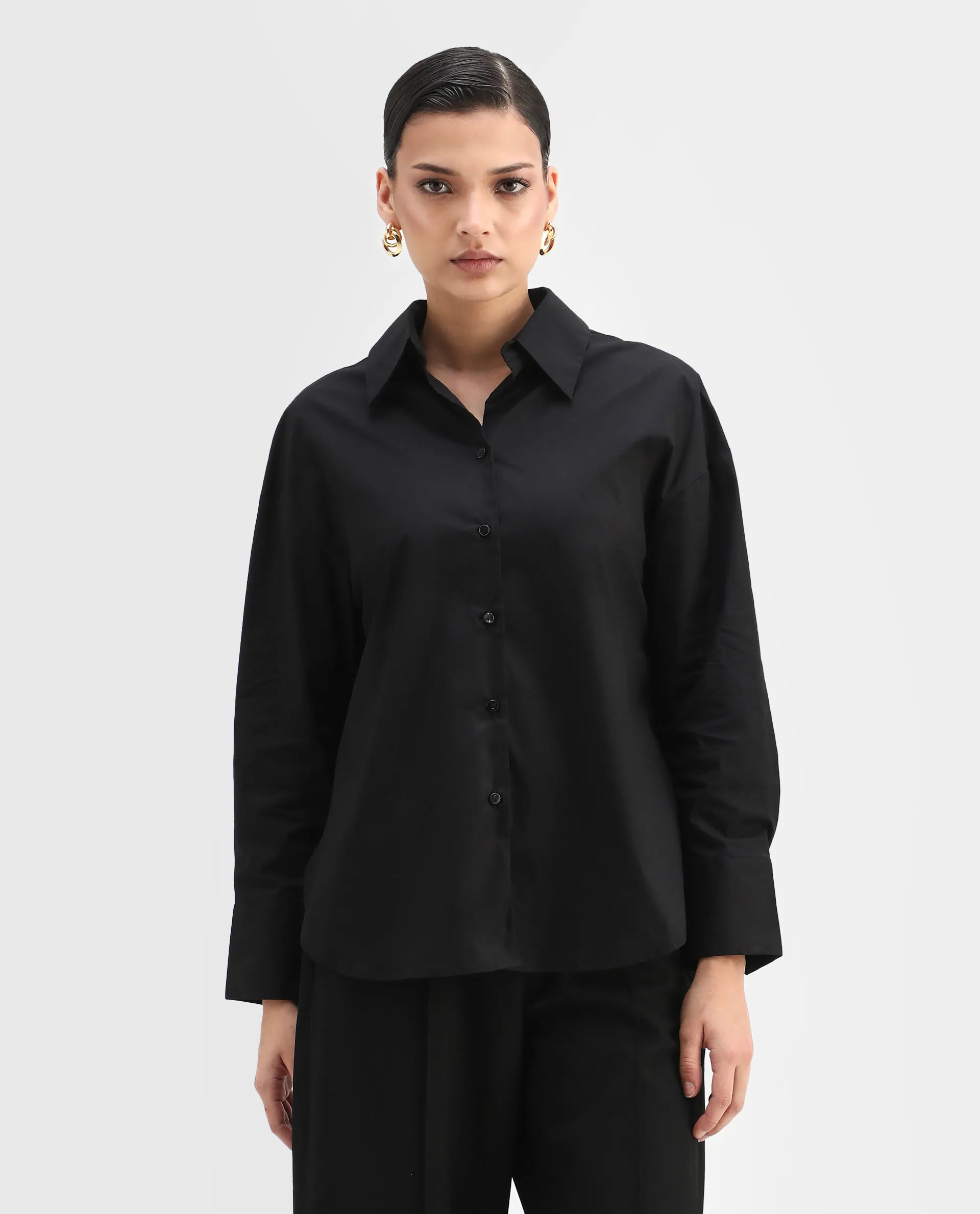Rareism Women's Matsue Black Drop Collar Plain Cuffed Sleeve Boxy Fit Shirt