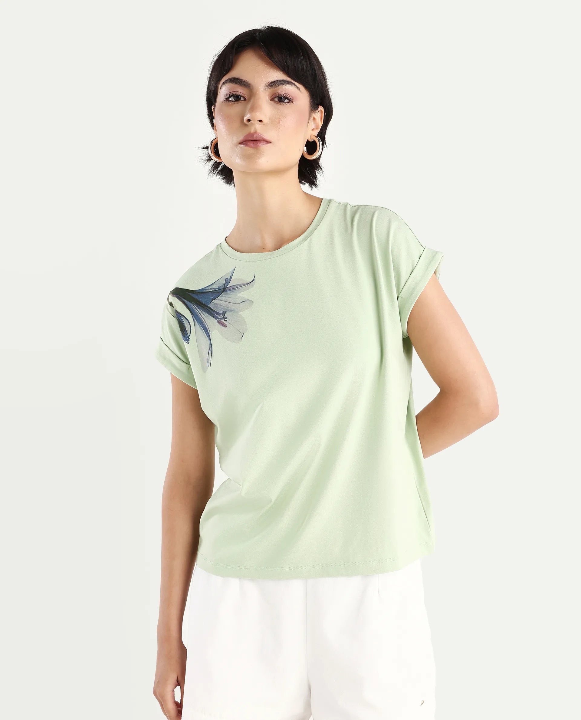 Rareism Women's Mattadu Pastel Green Cotton Blend Crew Neck Graphic Print Extended Sleeves Regular Fit T-Shirt