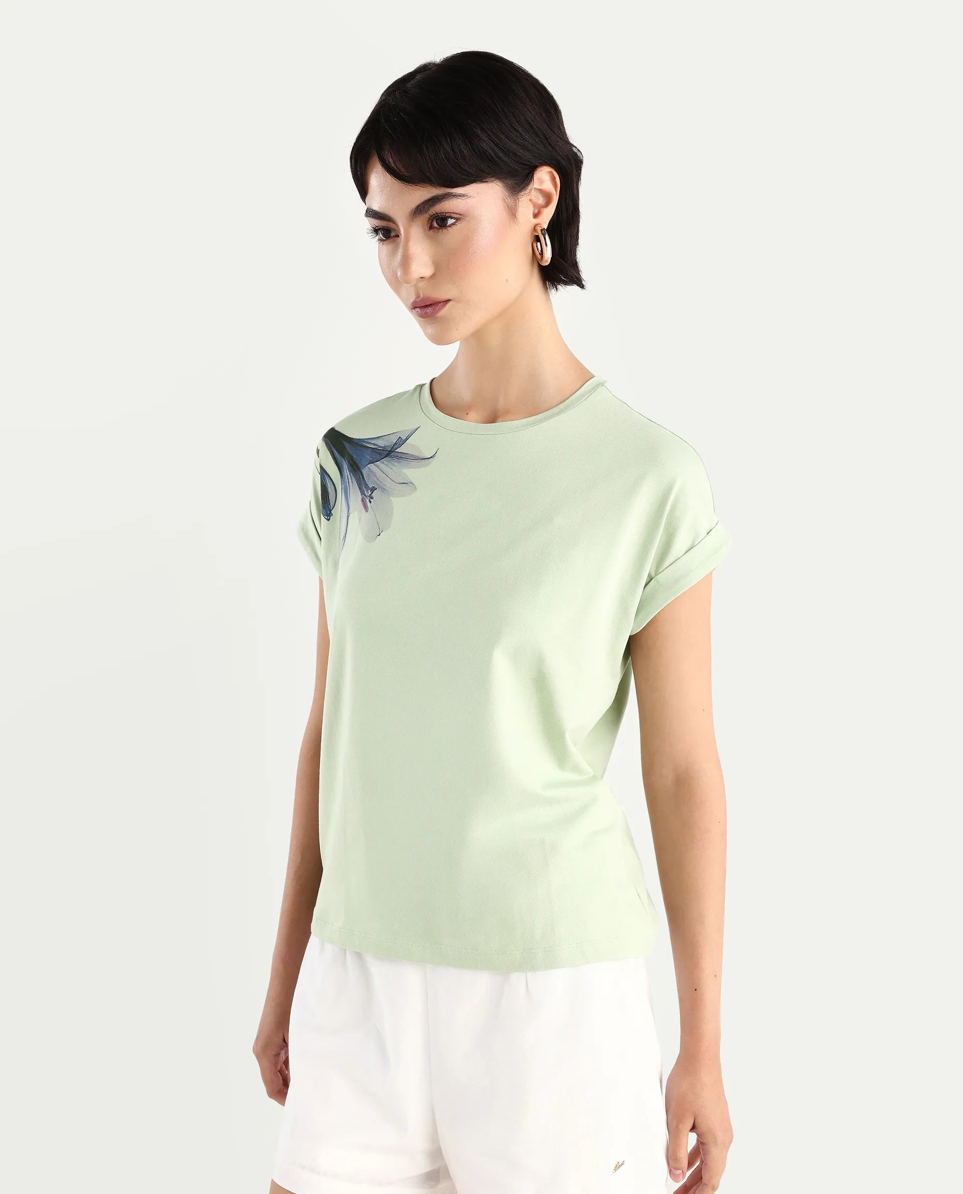 Rareism Women's Mattadu Pastel Green Cotton Blend Crew Neck Graphic Print Extended Sleeves Regular Fit T-Shirt