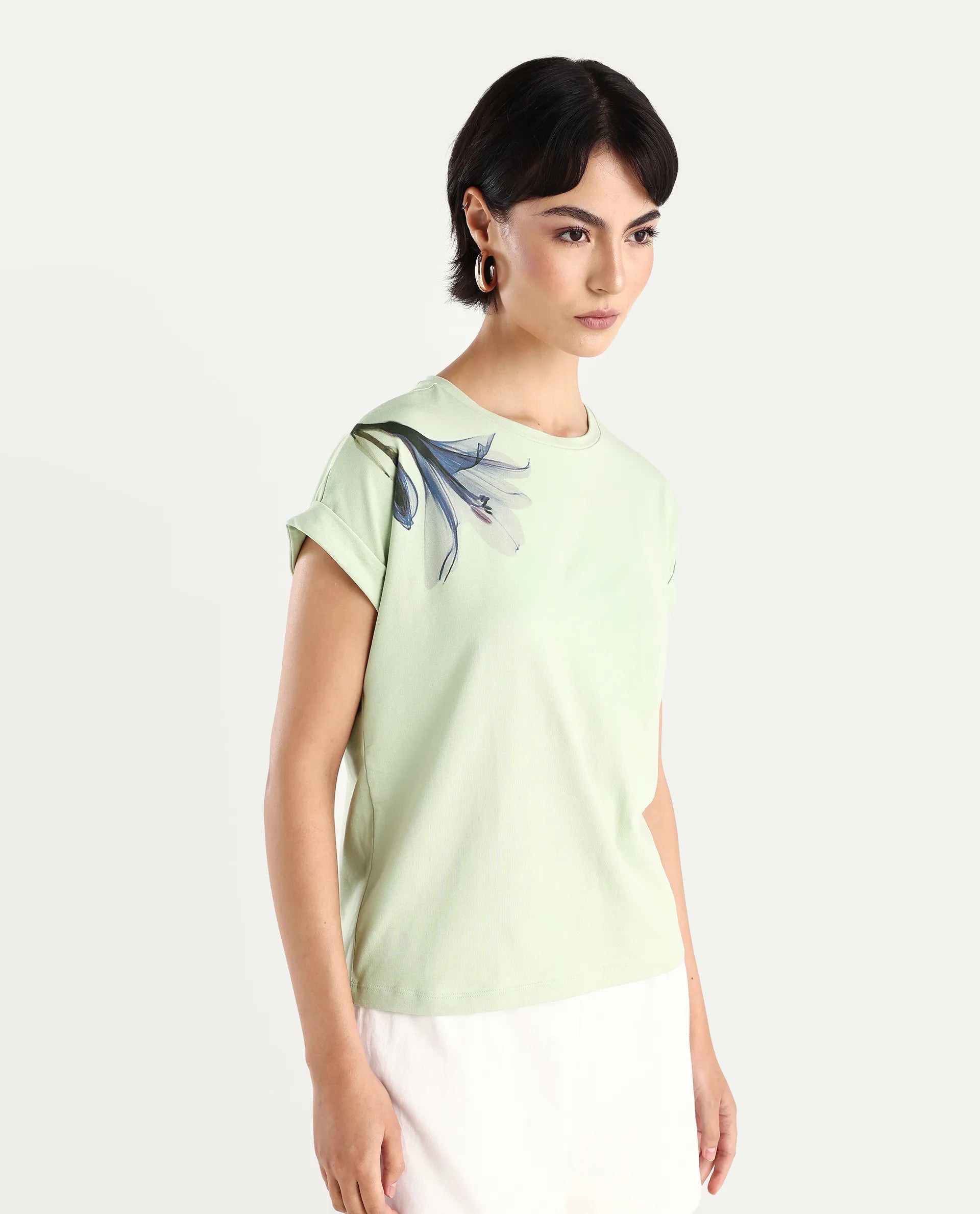 Rareism Women's Mattadu Pastel Green Cotton Blend Crew Neck Graphic Print Extended Sleeves Regular Fit T-Shirt