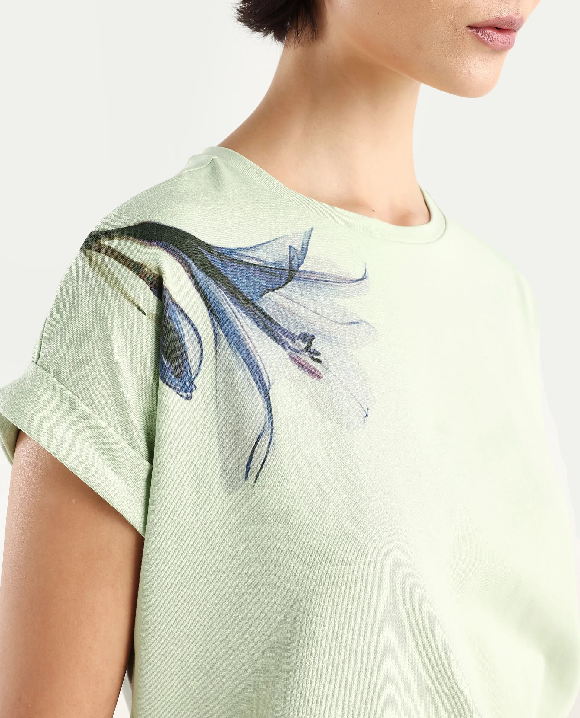 Rareism Women's Mattadu Pastel Green Cotton Blend Crew Neck Graphic Print Extended Sleeves Regular Fit T-Shirt