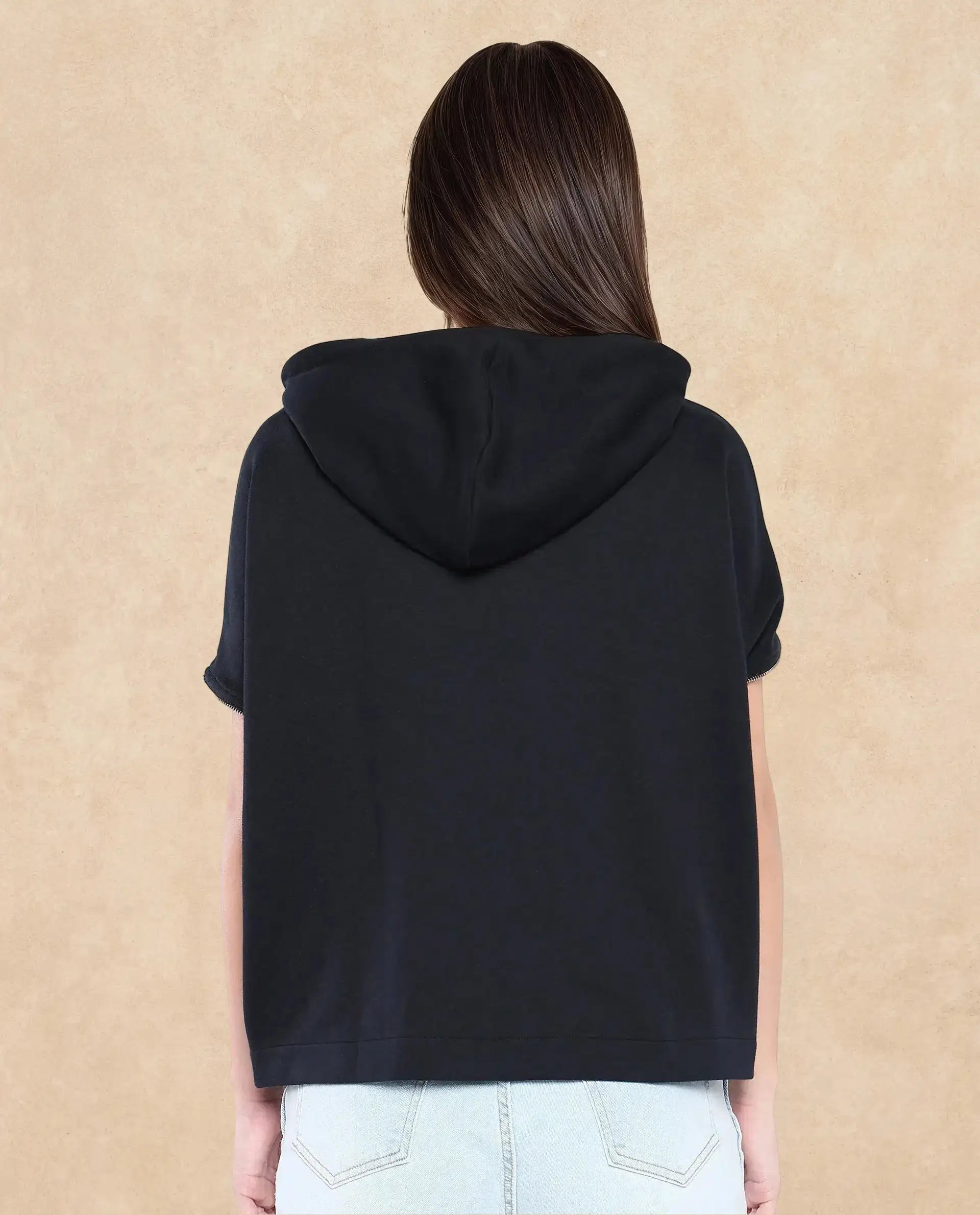 Rareism Women Matthew Black Cotton Blend Fabric Extended Sleeves Hooded Zipper Closure Relaxed Fit Plain Sweatshirt