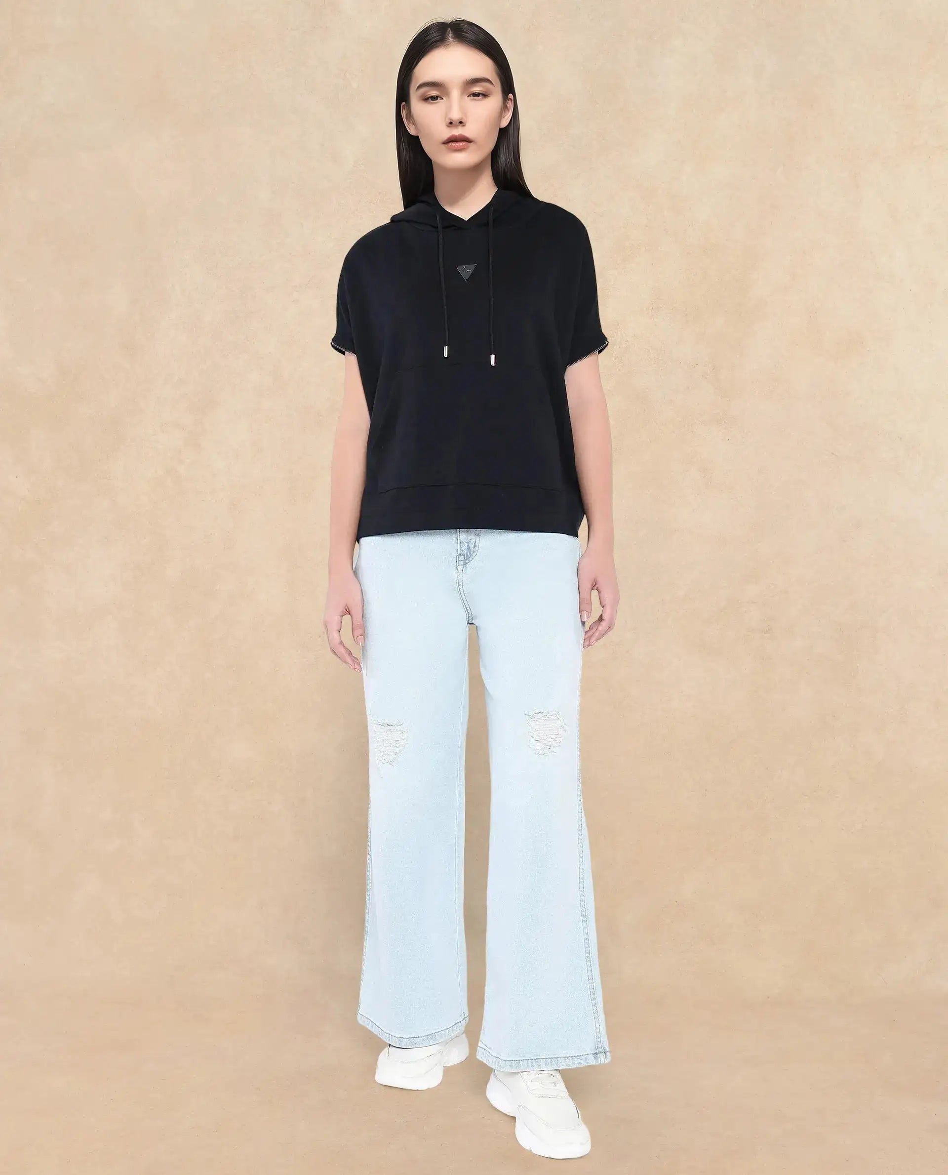 Rareism Women Matthew Black Cotton Blend Fabric Extended Sleeves Hooded Zipper Closure Relaxed Fit Plain Sweatshirt