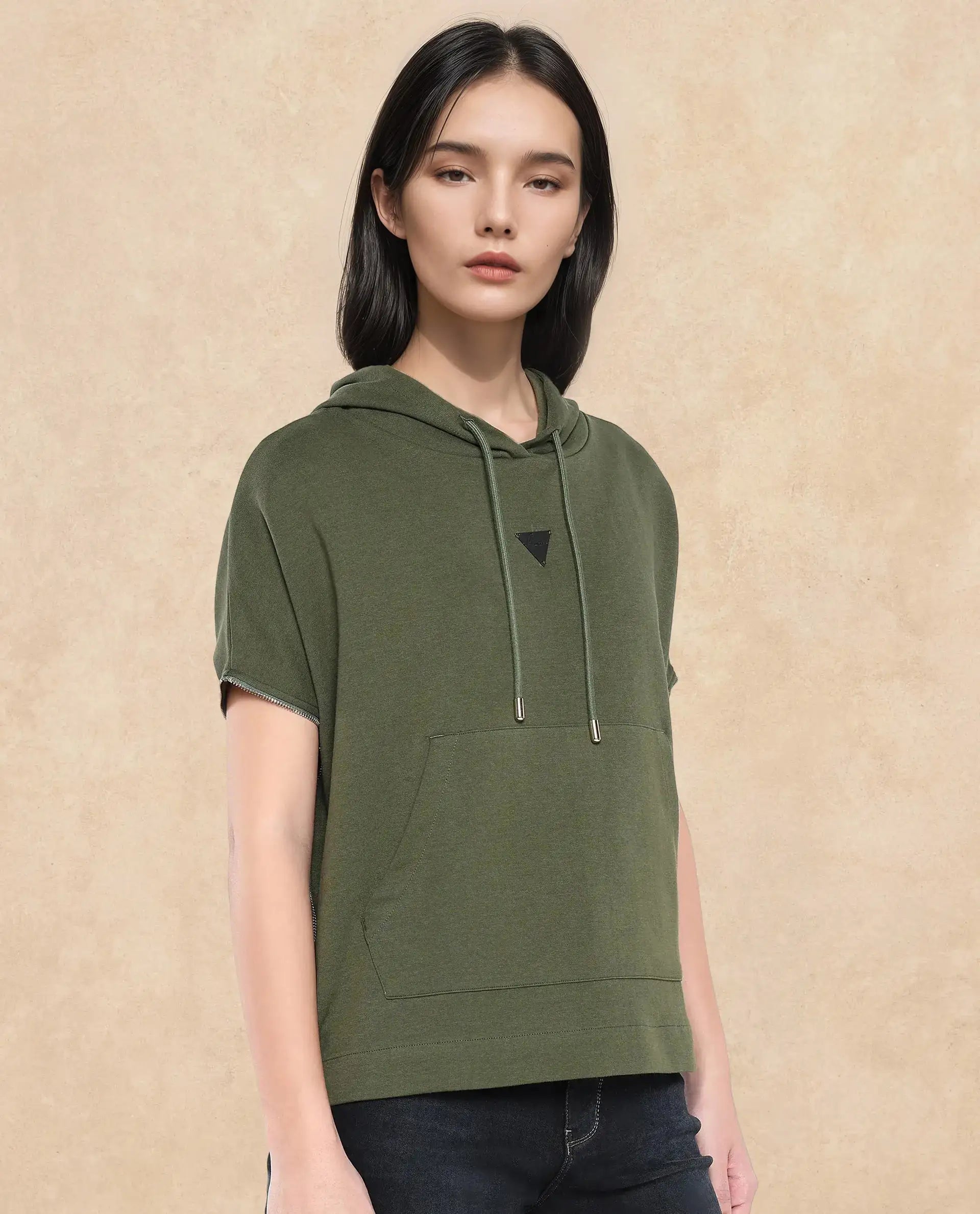 Rareism Women Matthew Olive Cotton Blend Fabric Extended Sleeves Hooded Zipper Closure Relaxed Fit Plain Sweatshirt