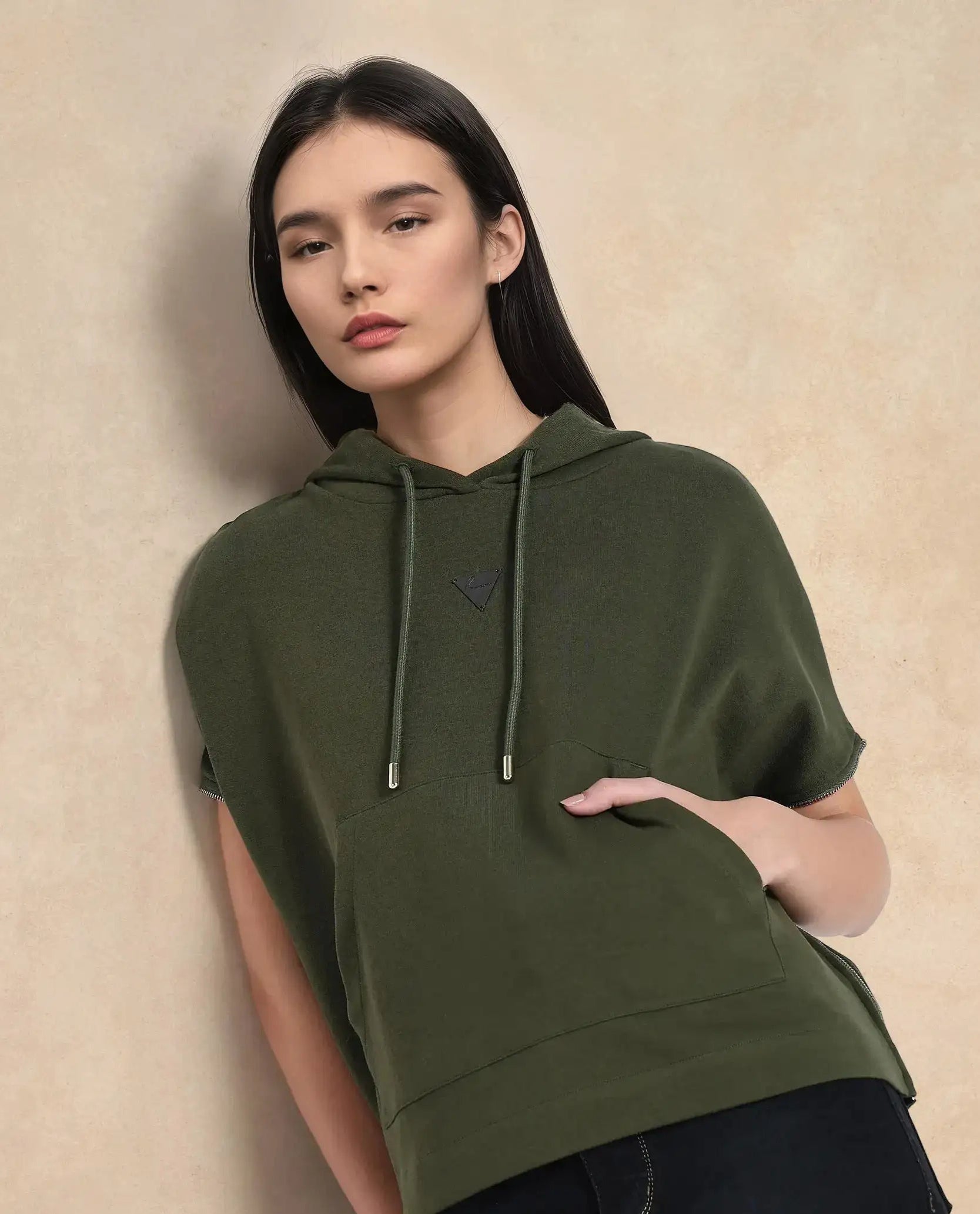 Rareism Women Matthew Olive Cotton Blend Fabric Extended Sleeves Hooded Zipper Closure Relaxed Fit Plain Sweatshirt