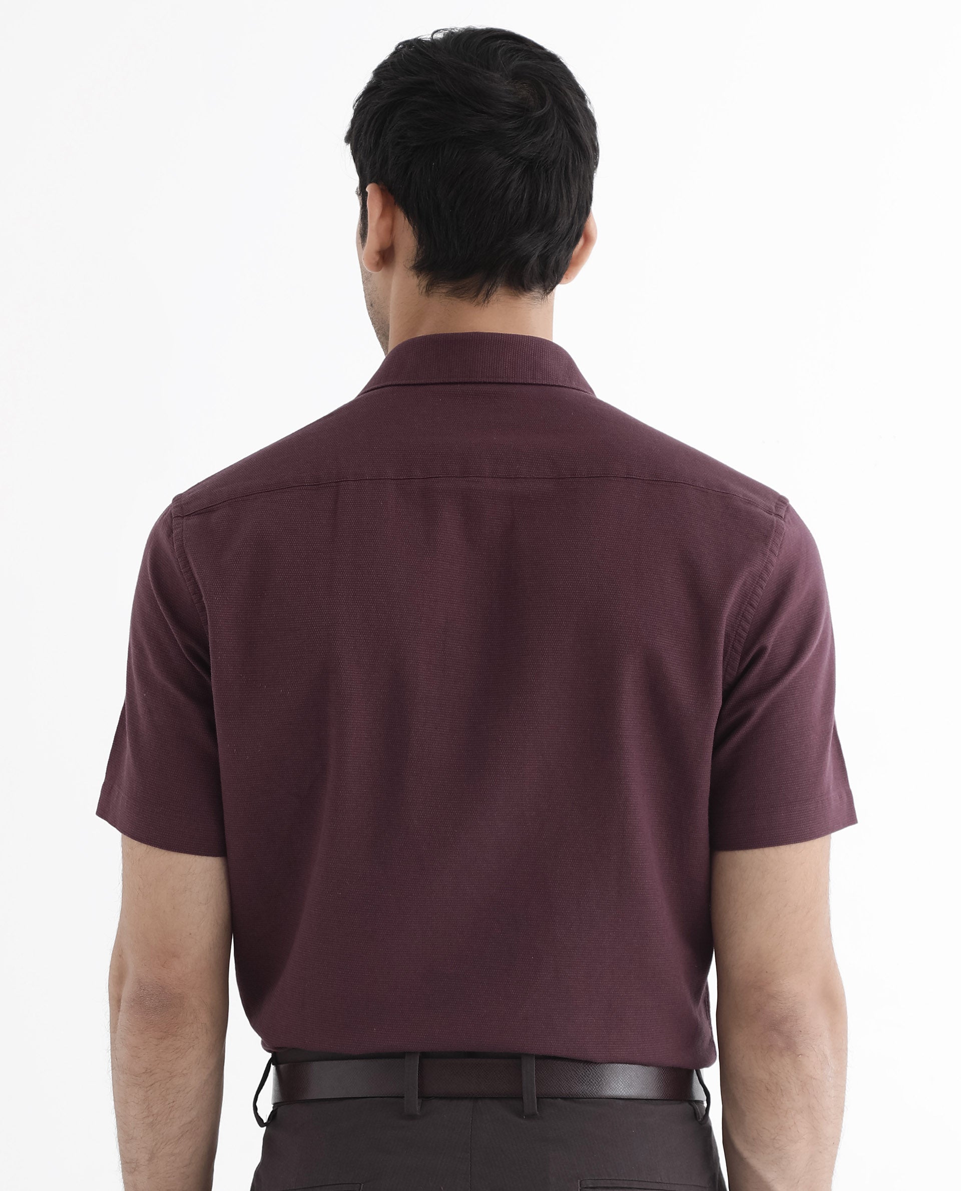 Rare Rabbit Men's Matto-1 Maroon Cotton Fabric Short Sleeve Regular Fit Self Stripe Dobby Shirt