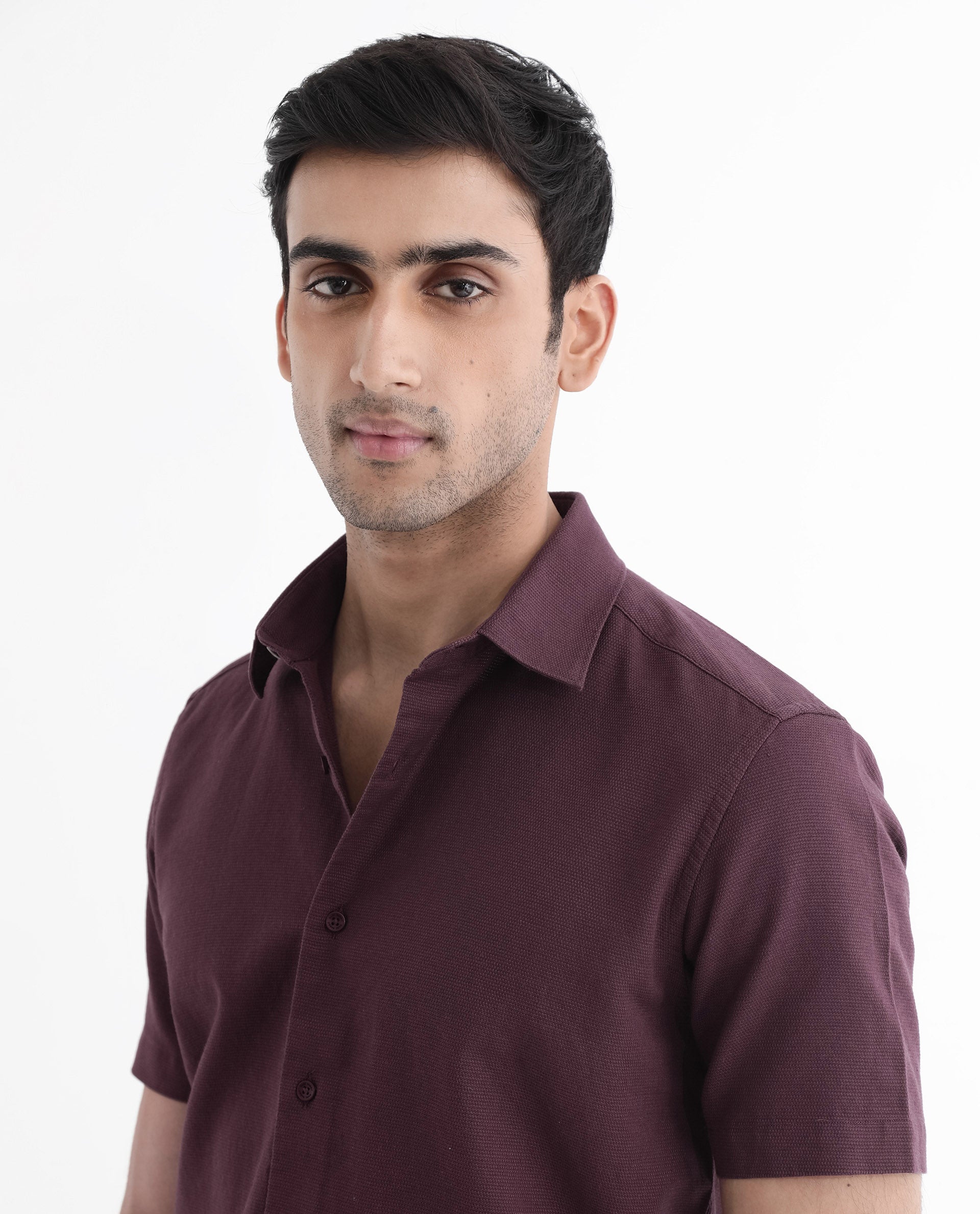 Rare Rabbit Men's Matto-1 Maroon Cotton Fabric Short Sleeve Regular Fit Self Stripe Dobby Shirt