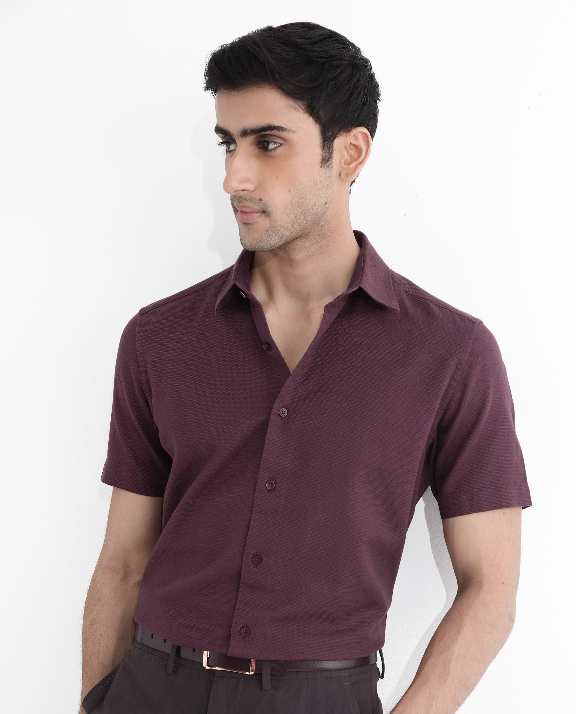 Rare Rabbit Men's Matto-1 Maroon Cotton Fabric Short Sleeve Regular Fit Self Stripe Dobby Shirt