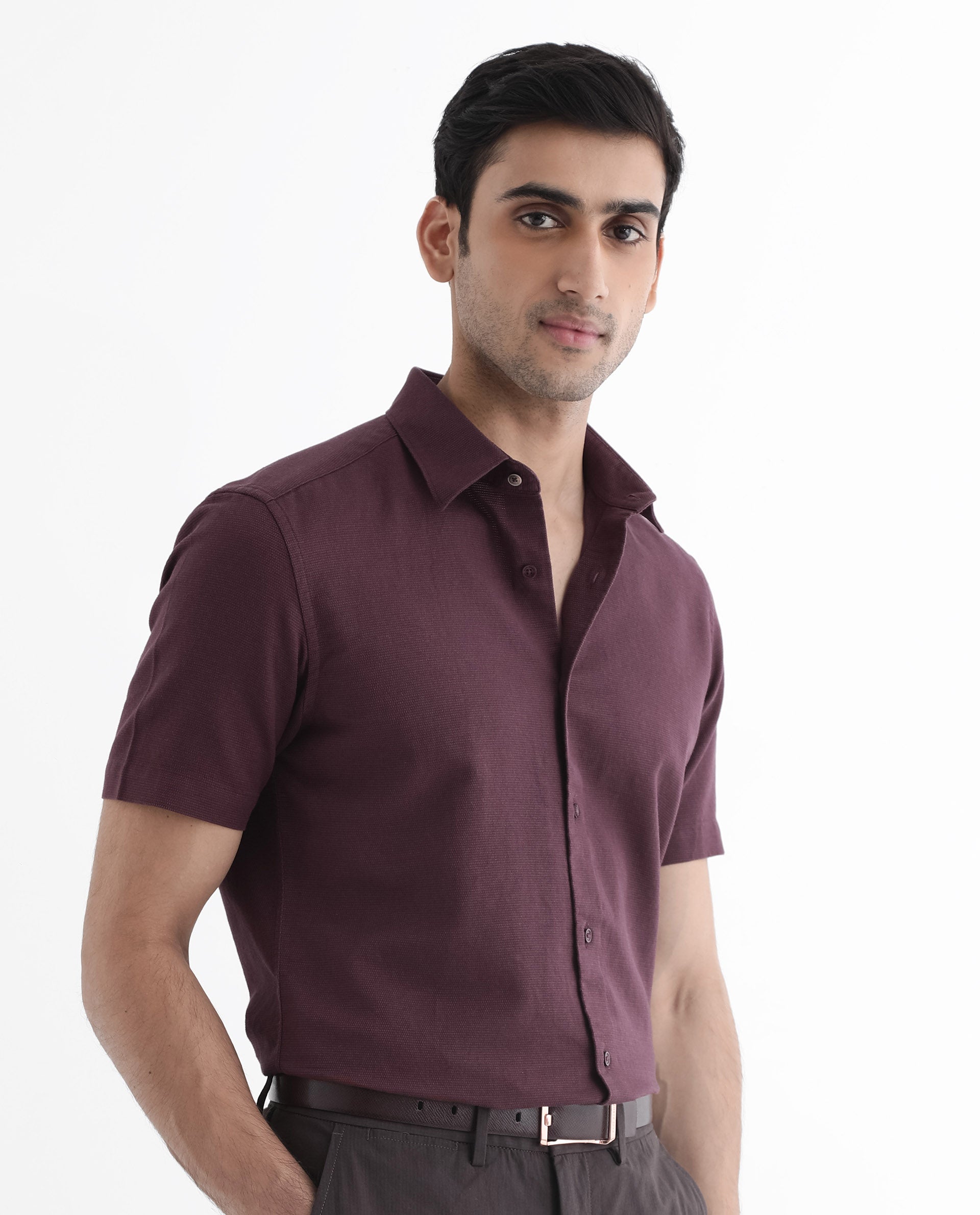 Rare Rabbit Men's Matto-1 Maroon Cotton Fabric Short Sleeve Regular Fit Self Stripe Dobby Shirt