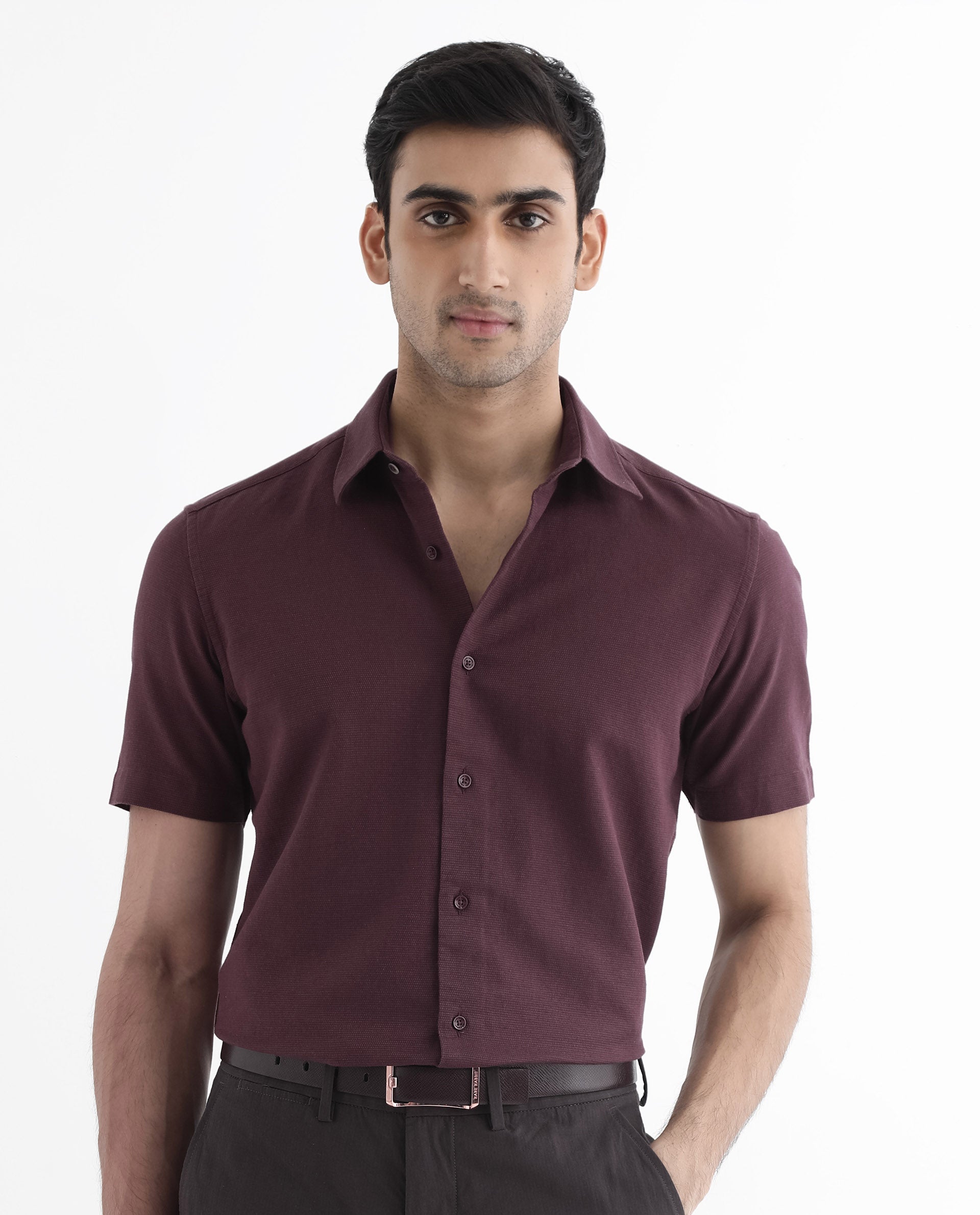 Rare Rabbit Men's Matto-1 Maroon Cotton Fabric Short Sleeve Regular Fit Self Stripe Dobby Shirt