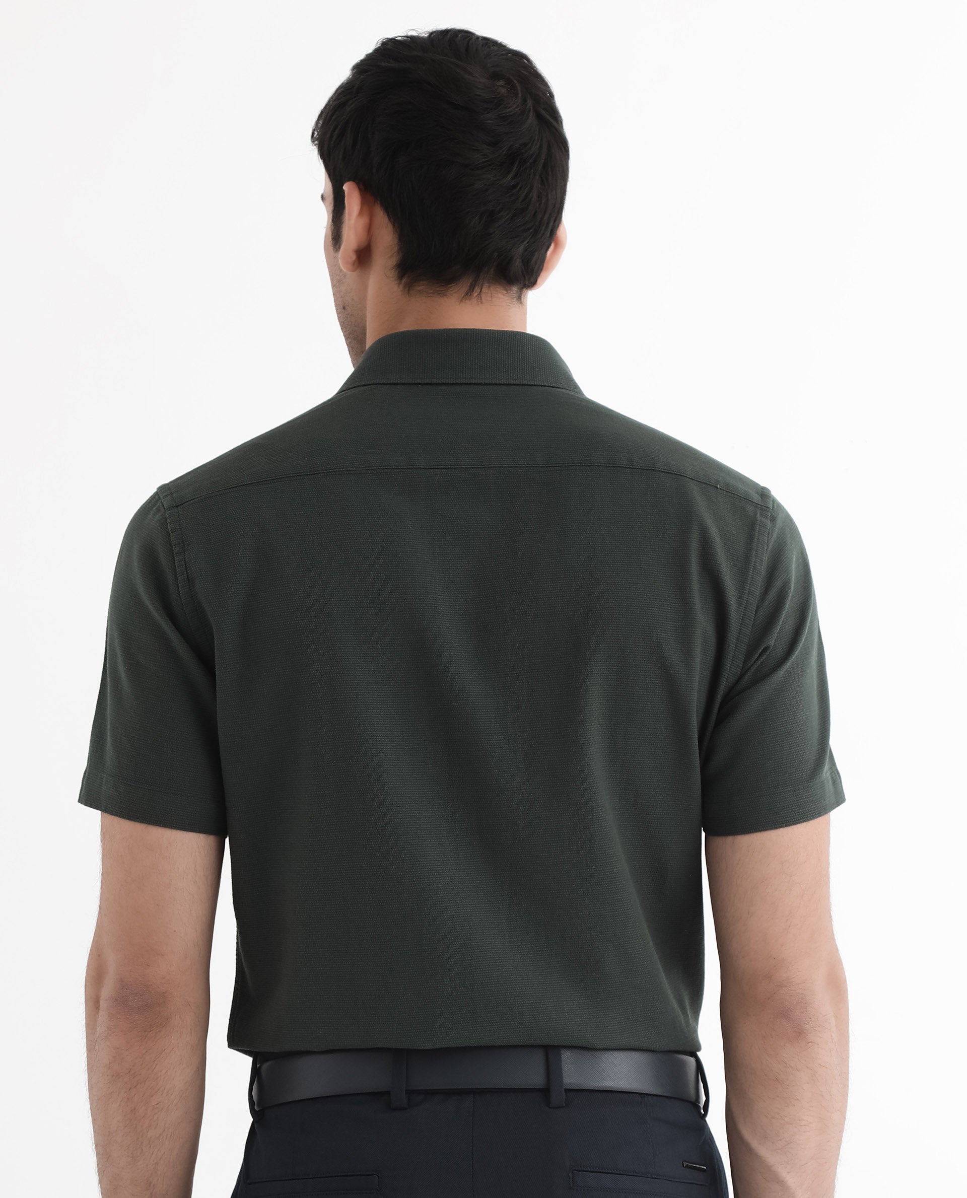 Rare Rabbit Men Matto-1 Dark Green Cotton Fabric Short Sleeve Regular Fit Self Stripe Dobby Shirt