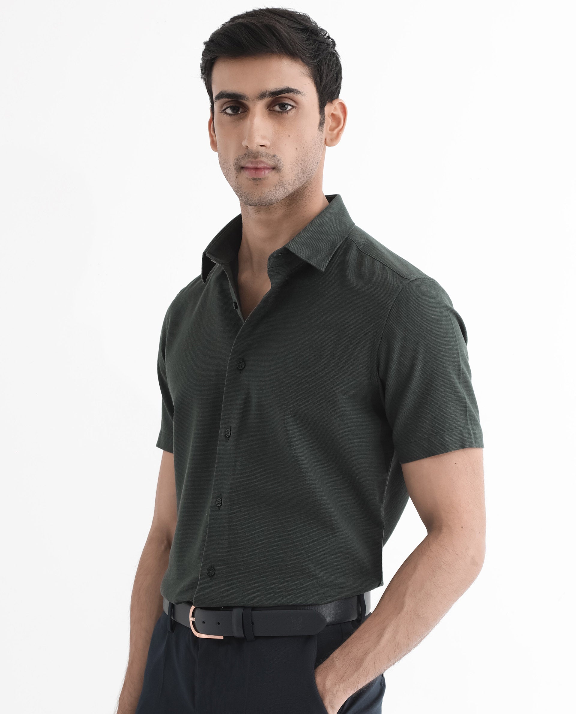 Rare Rabbit Men Matto-1 Dark Green Cotton Fabric Short Sleeve Regular Fit Self Stripe Dobby Shirt