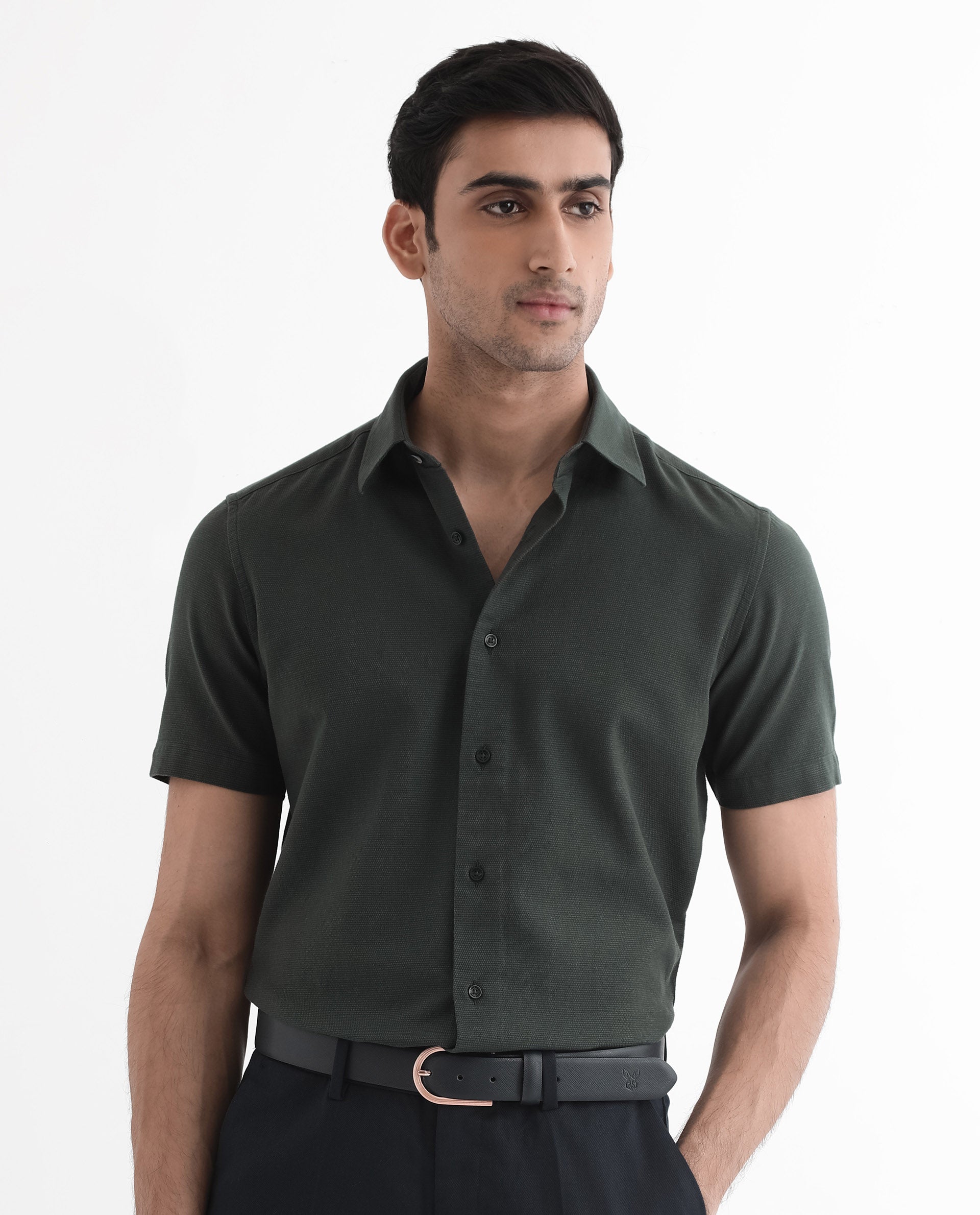 Rare Rabbit Men Matto-1 Dark Green Cotton Fabric Short Sleeve Regular Fit Self Stripe Dobby Shirt